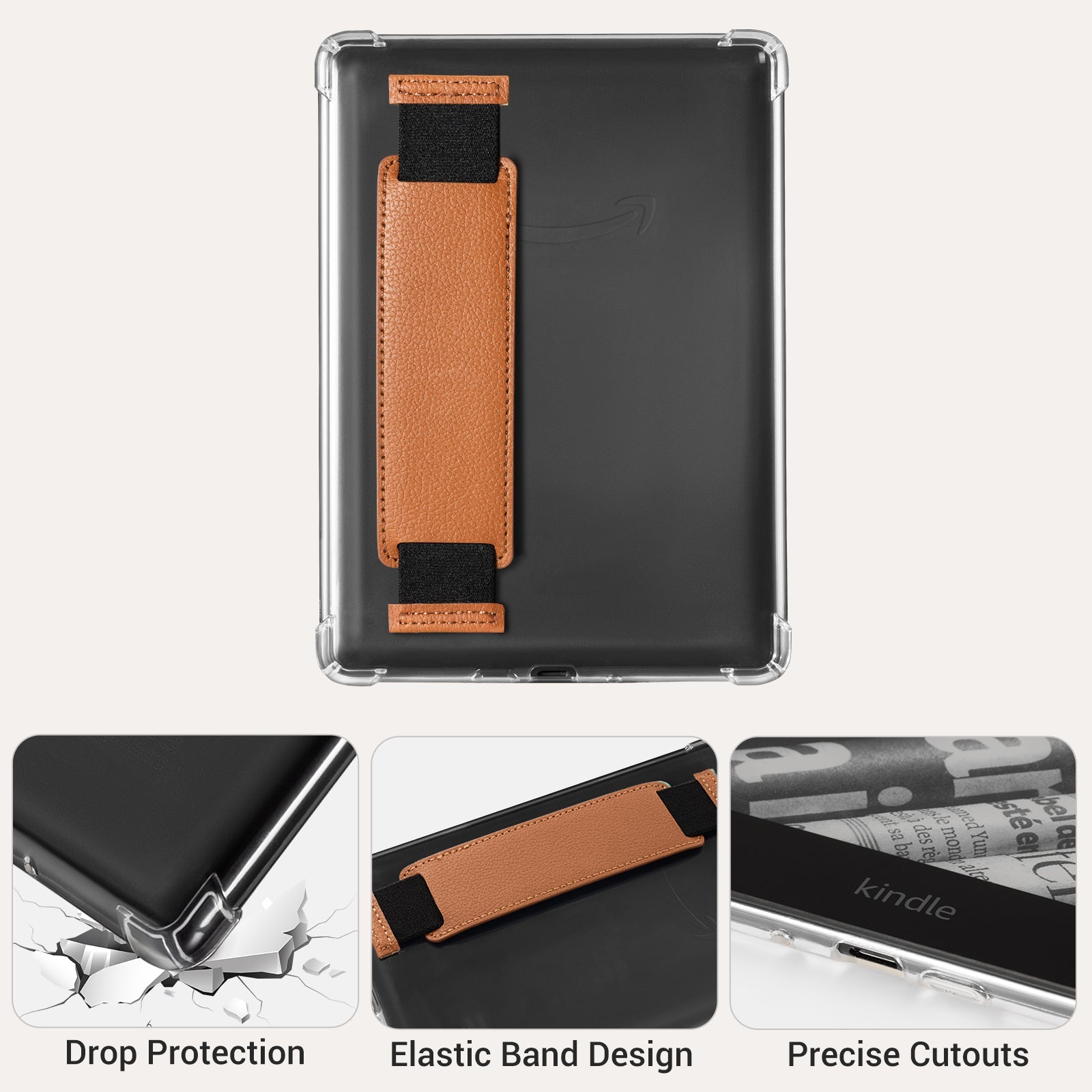Kindle Paperwhite 12th Gen (2024 7 inch) Clear with Hand Strap Case#Color_Lychee Texture Brown