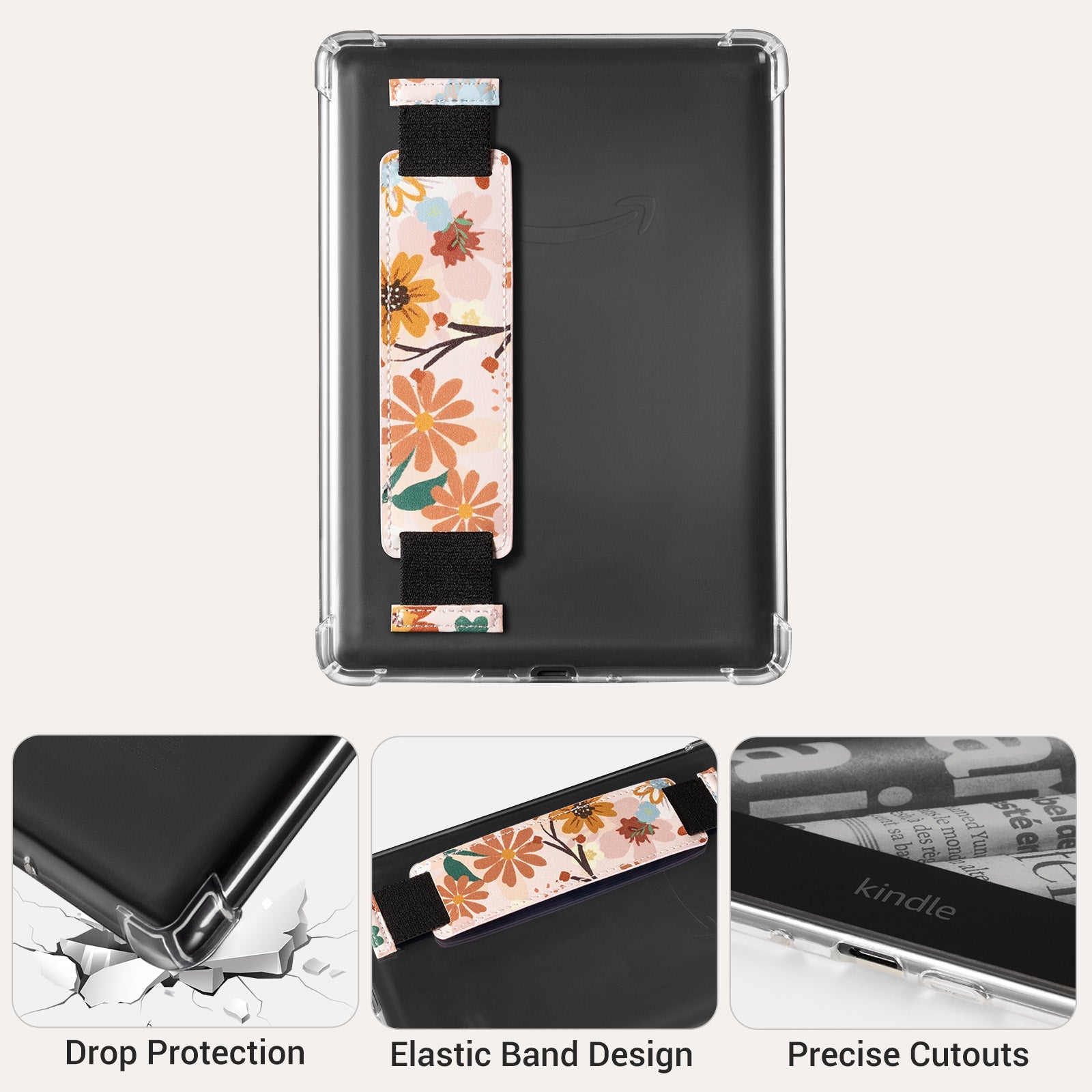 Kindle Paperwhite 12th Gen (2024 7 inch) Clear with Hand Strap Case#Color_Orange Jasmine