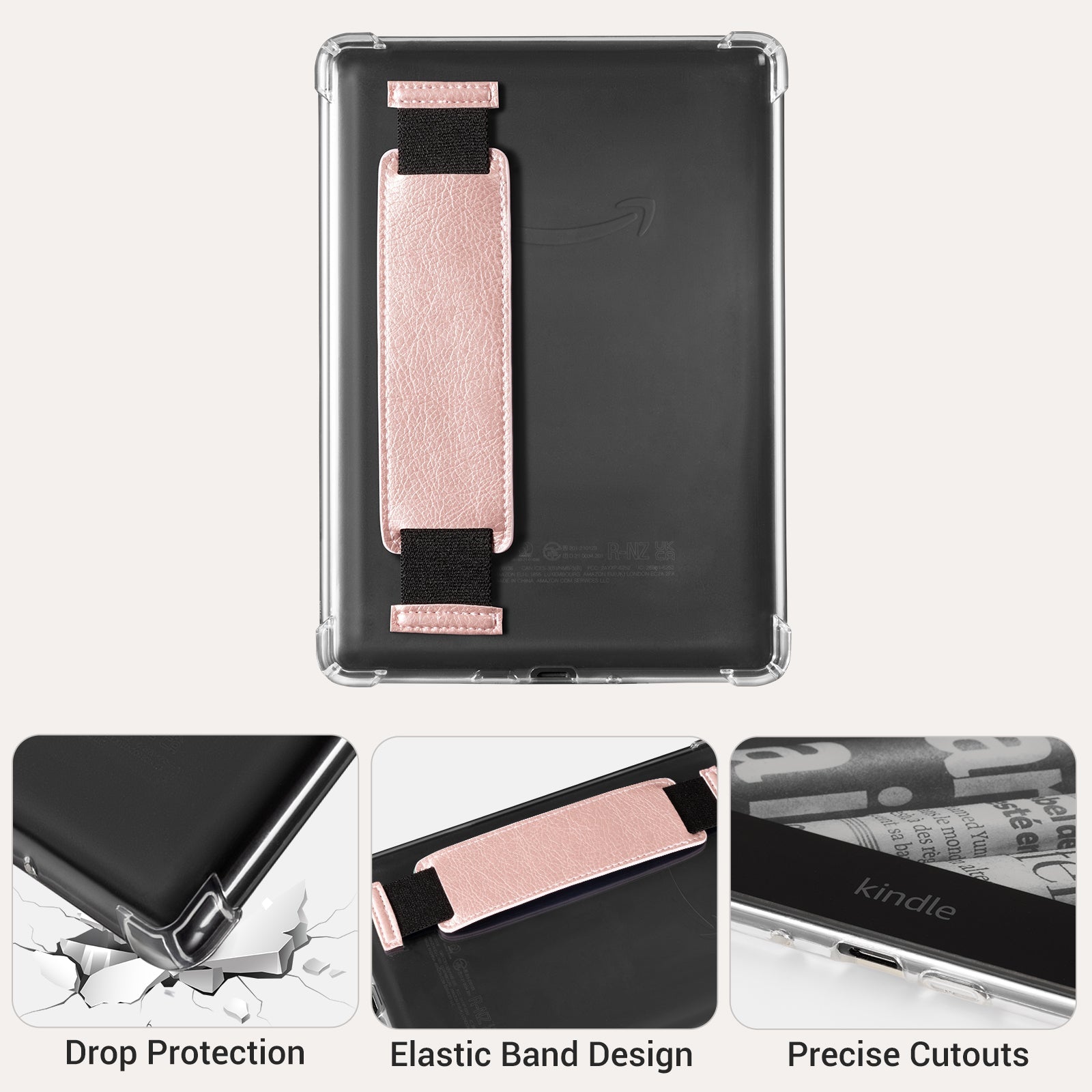 Kindle Paperwhite 12th Gen (2024 7 inch) Clear with Hand Strap Case#Color_Rose Gold