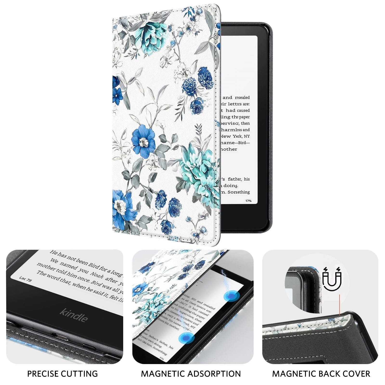 Eden Blue Floral Kindle Paperwhite 7 inch Case With Stand