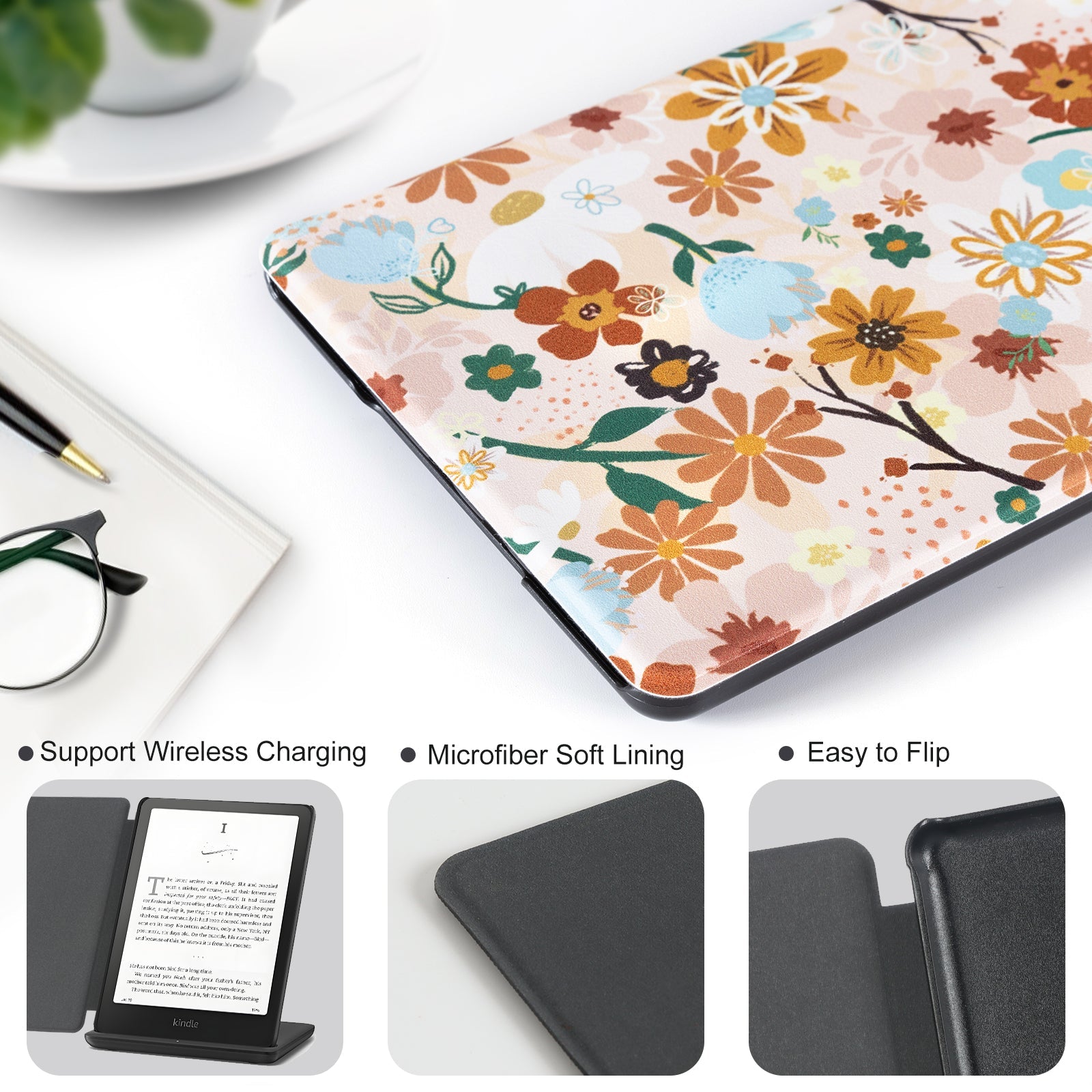 Kindle Paperwhite 12th Gen 7 inch Case-Multiple Prints#Color_Orange Floral