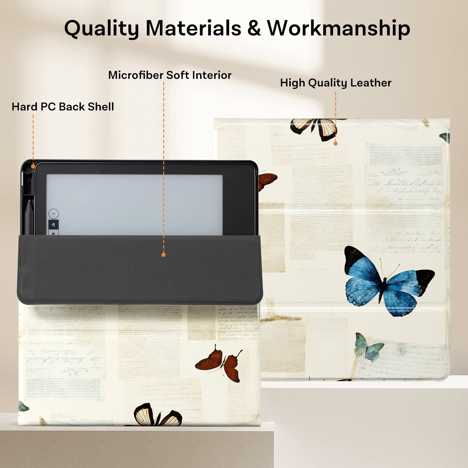 Eden Beige Butterfly Kindle Scribe 10.2 Inch Folio Case