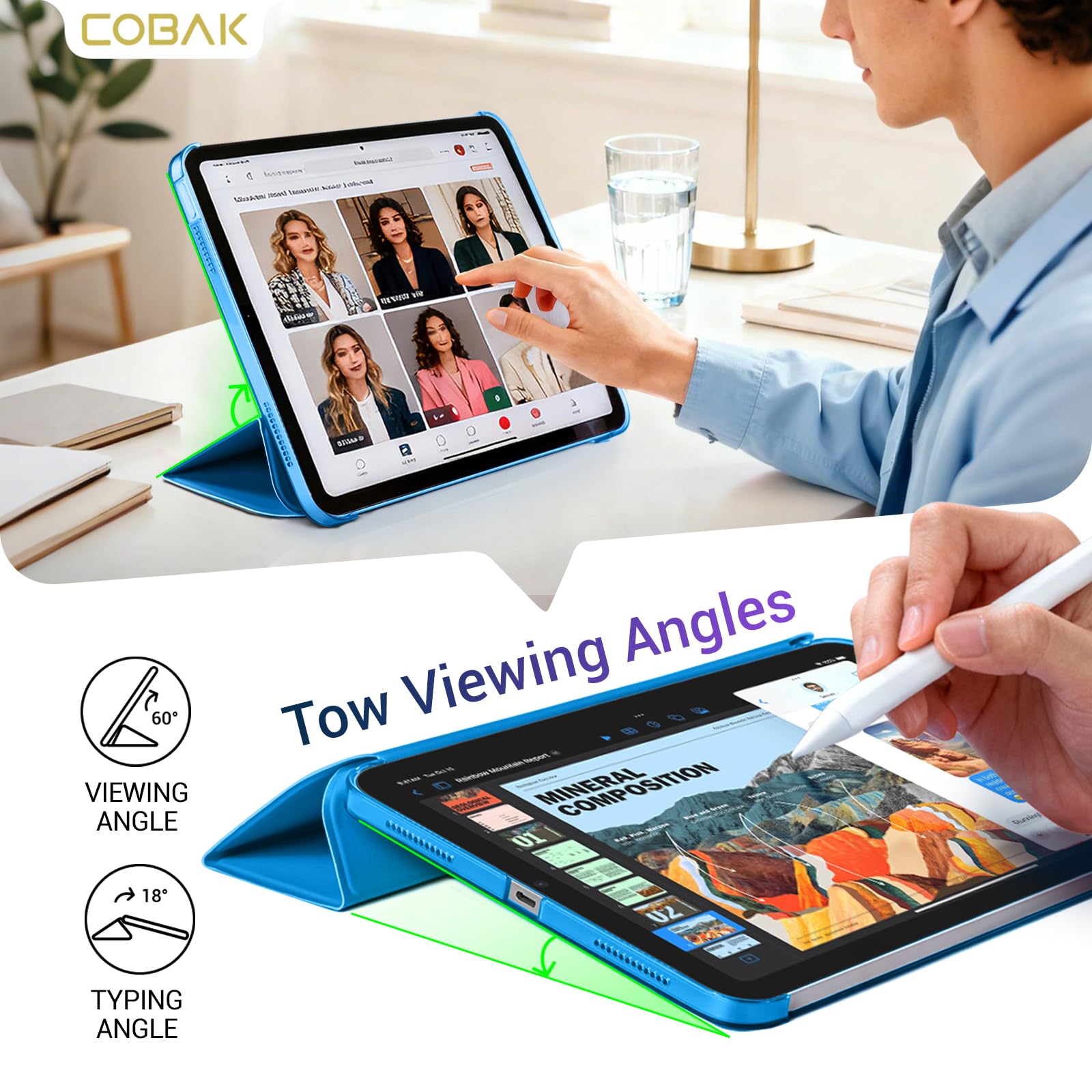 iPad 11th Gen (10th Compatible) Slim Stand Cover with Clear Hard Back, Touch ID#Color_Blue Dasiy