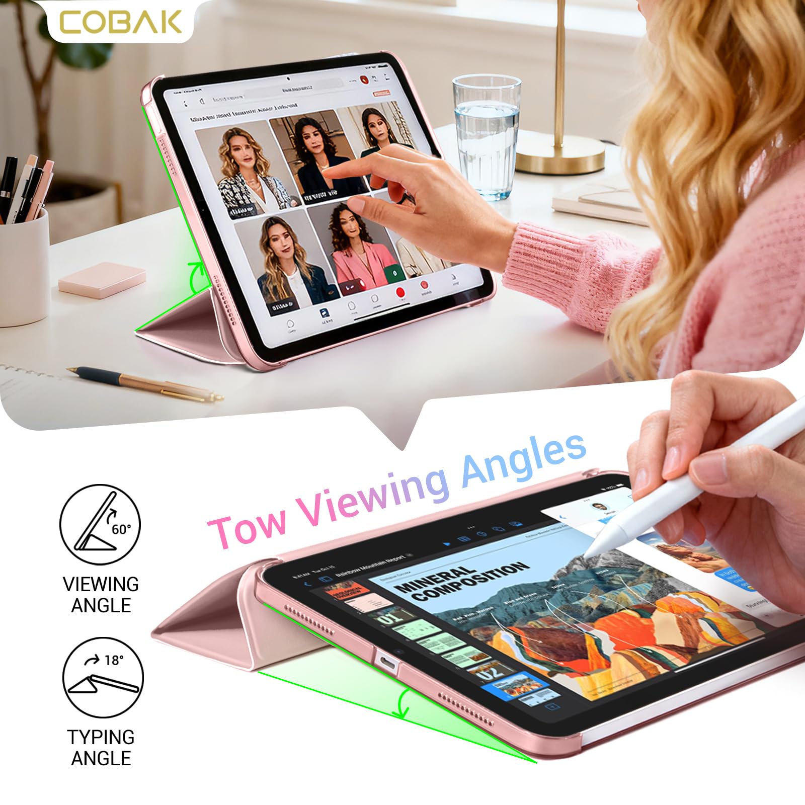 iPad 11th Gen (10th Compatible) Slim Stand Cover with Clear Hard Back, Touch ID#Color_Pink