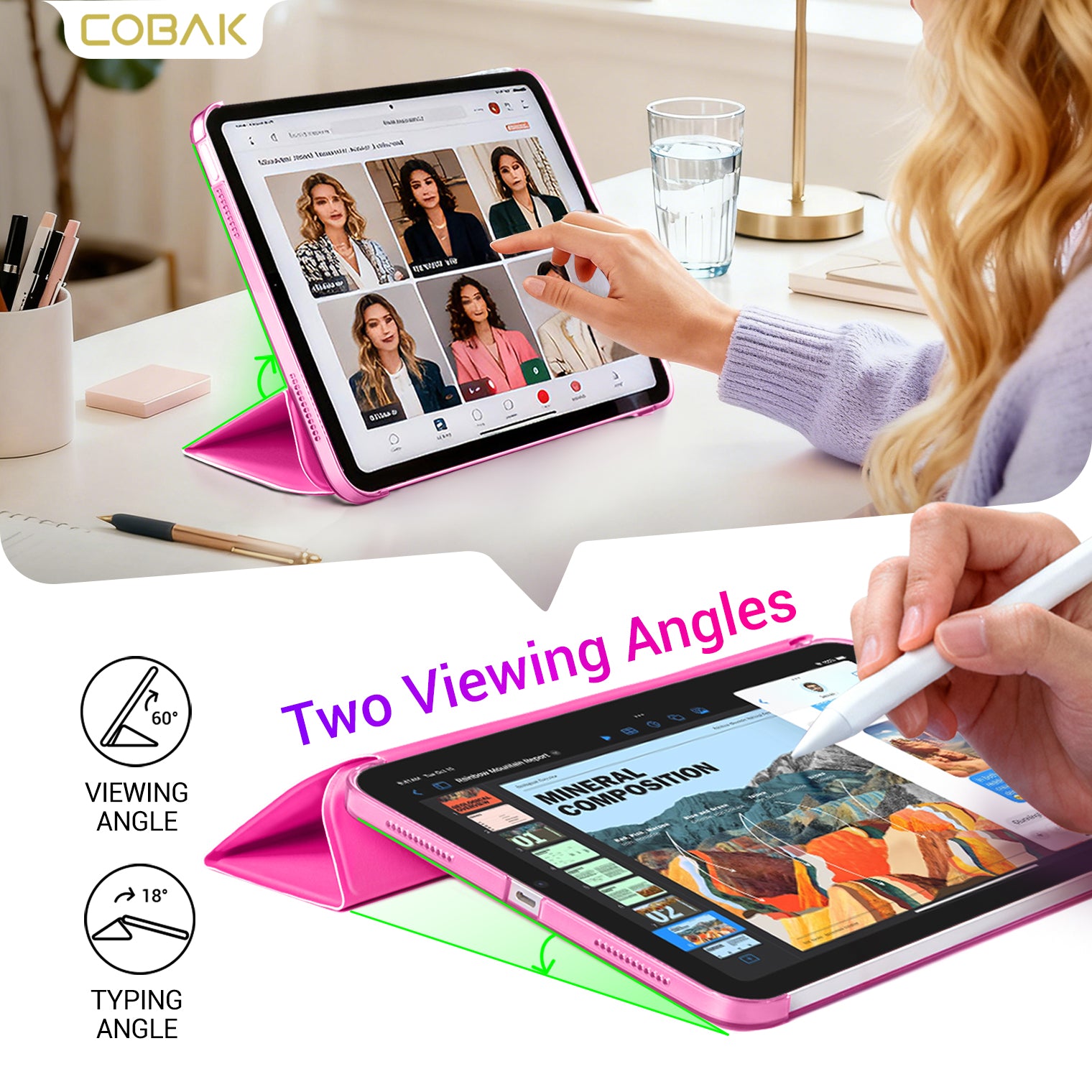 iPad 11th Gen (10th Compatible) Slim Stand Cover with Clear Hard Back, Touch ID#Color_Fuchsia