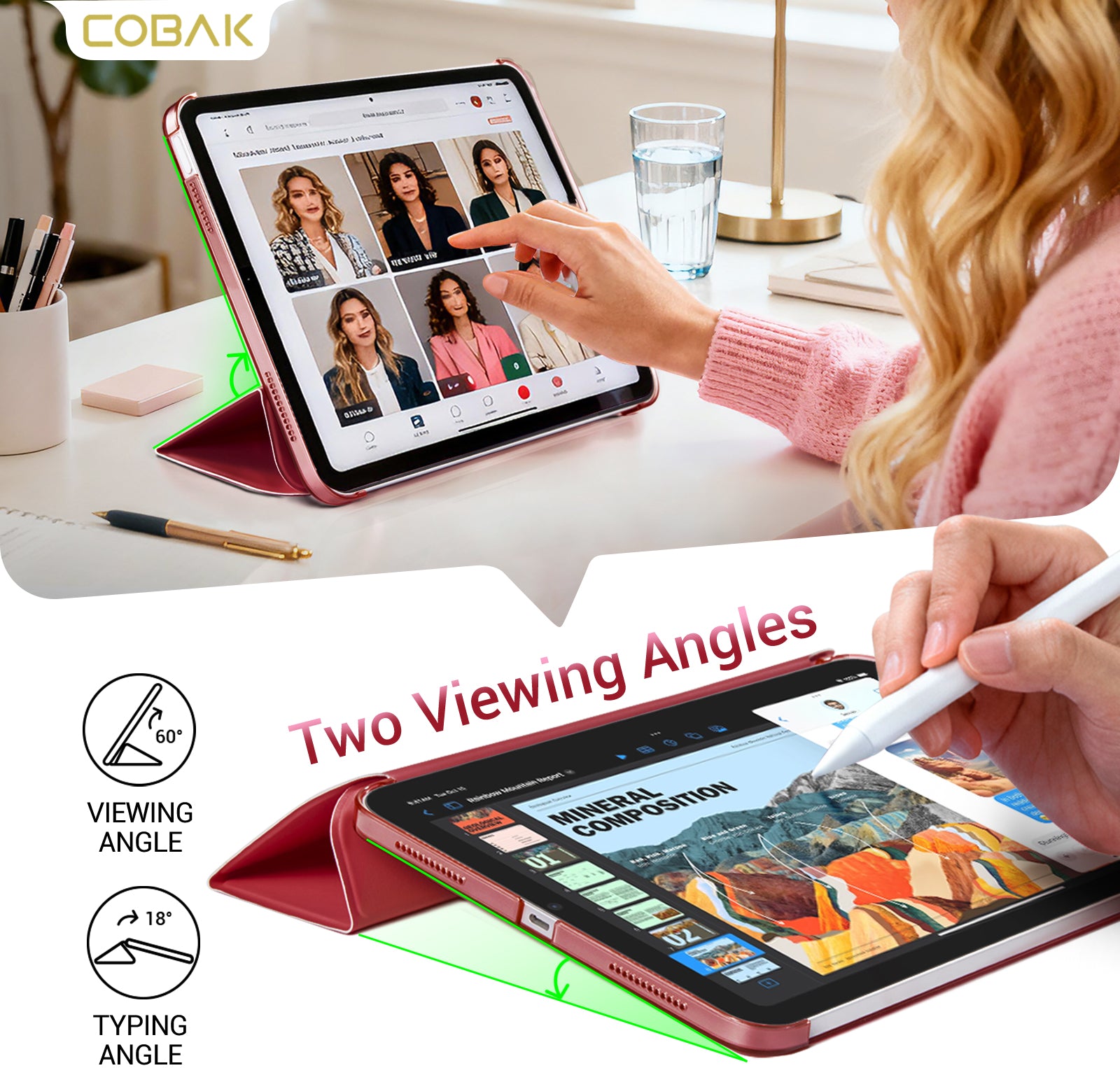 iPad 11th Gen (10th Compatible) Slim Stand Cover with Clear Hard Back, Touch ID#Color_Red