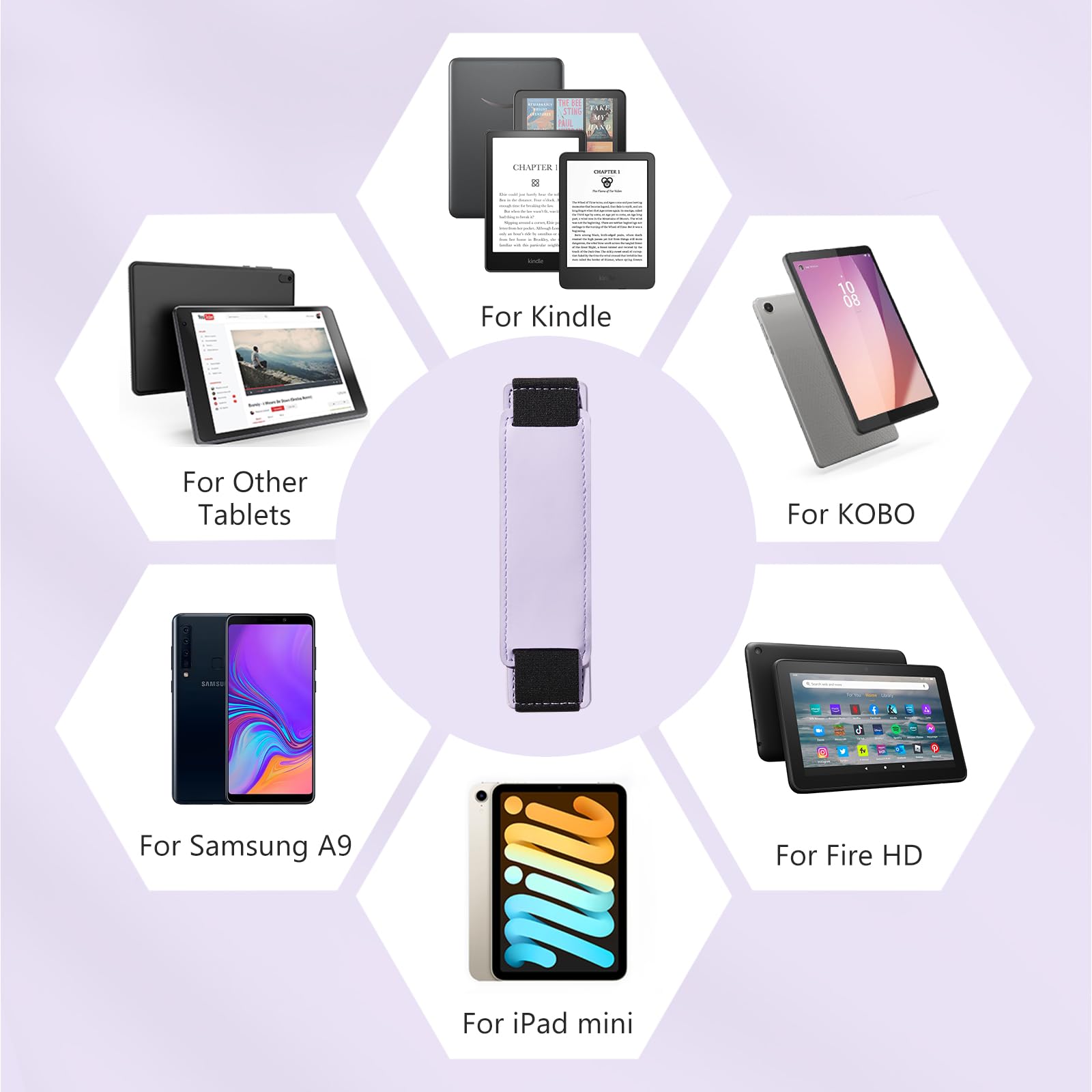 Kindle 6 to 10 inch Premium Soft Leather Hand Strap with Strong Adhesive#Color_Lavender