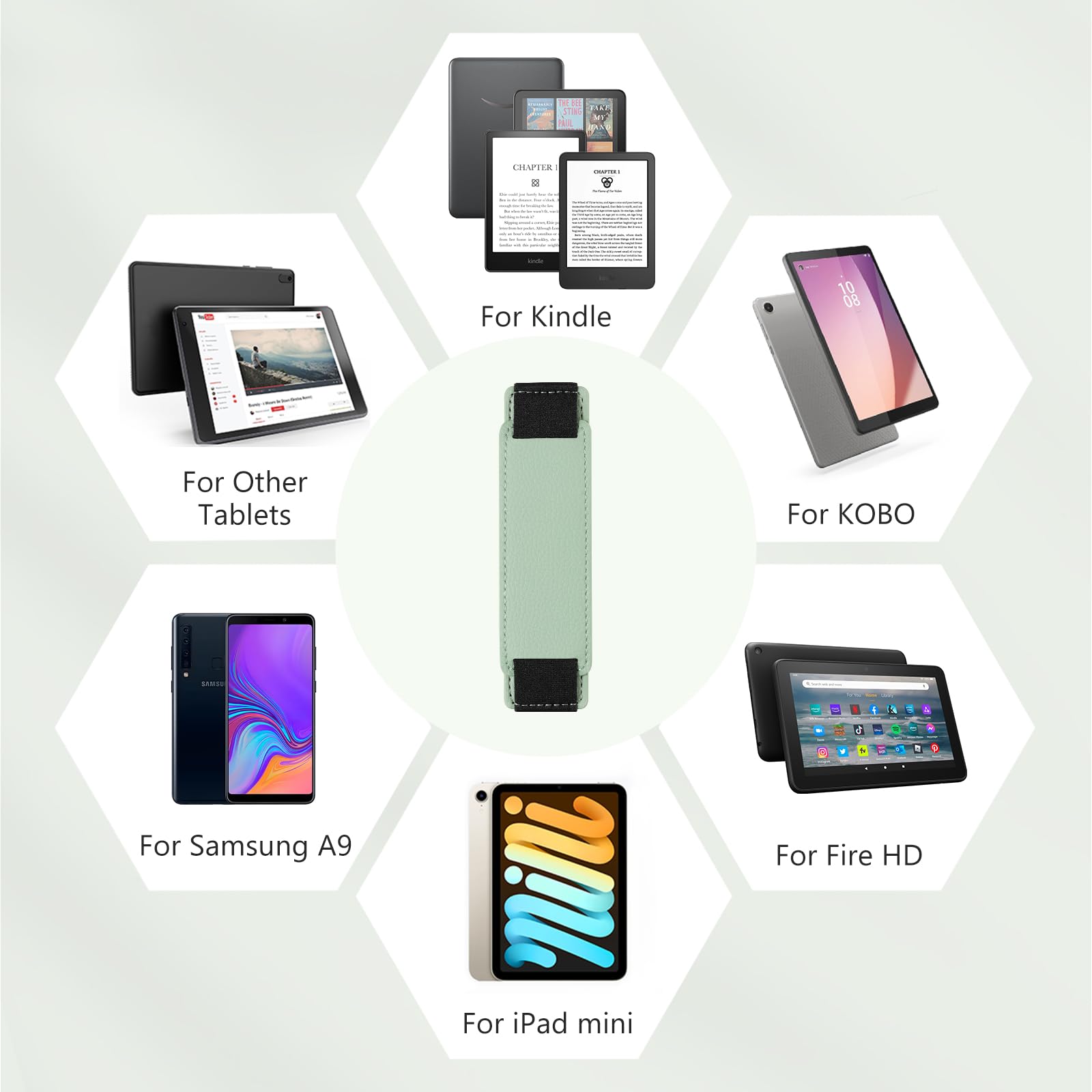 Kindle 6 to 10 inch Premium Soft Leather Hand Strap with Strong Adhesive#Color_Sage Green