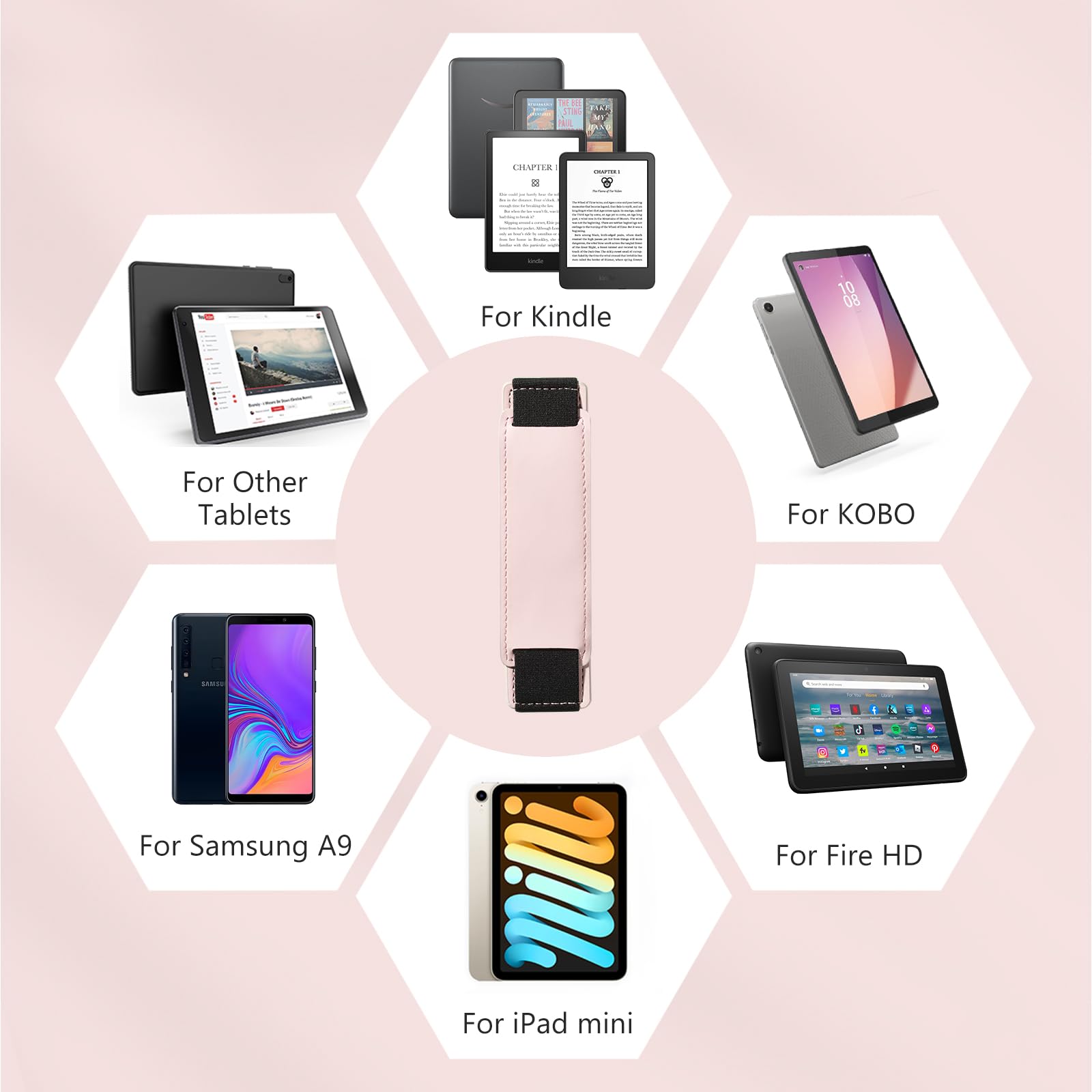 Kindle 6 to 10 inch Premium Soft Leather Hand Strap with Strong Adhesive#Color_Pink