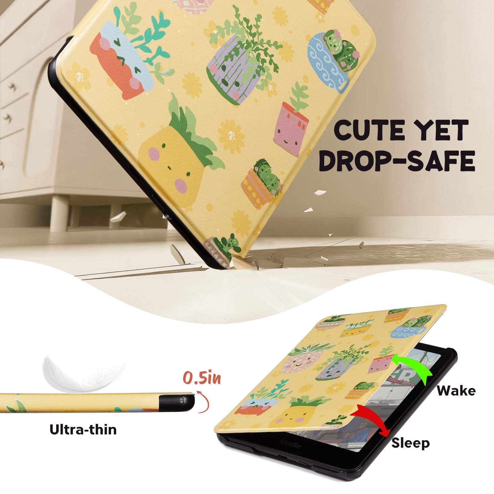 Kindle Paperwhite 12th Gen 7 inch (2024) Case With Stand–Cute Prints#Color_Plant Party Sunny