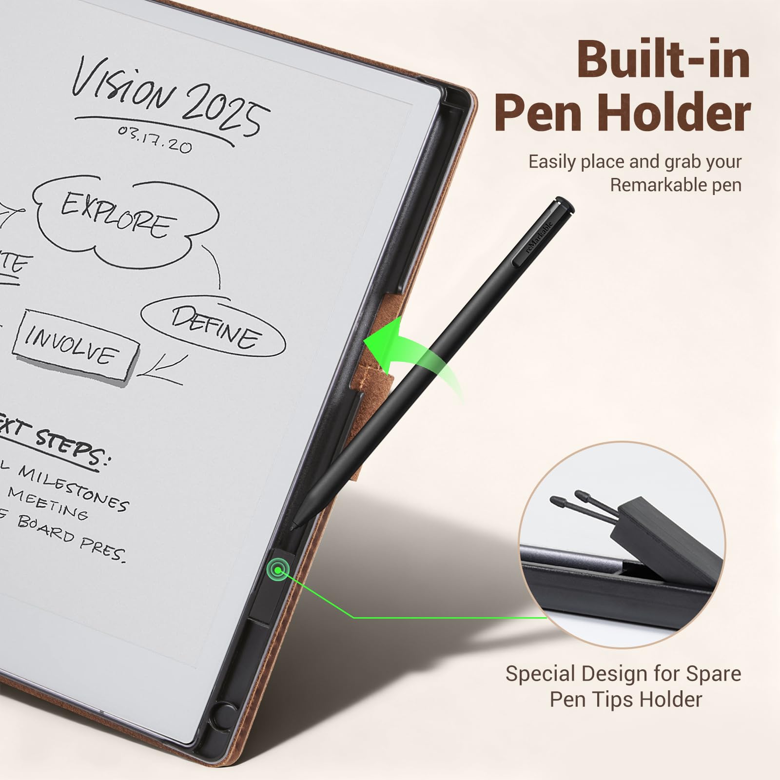 reMarkable 2 Tablet 10.3" (2020) Genuine Leather Slim Folio Case with Pen Holder