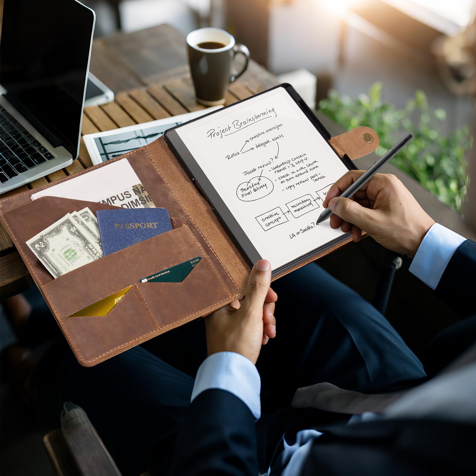 Kindle Scribe 10.2 Genuine Leather Folio Cover with Pen Holder#Color_Cowhide Brown