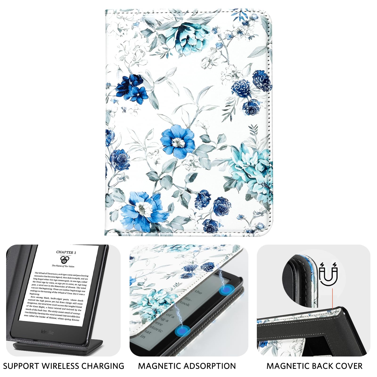 Eden Blue Flowers on White 6 inch kindle paperwhite stand Case