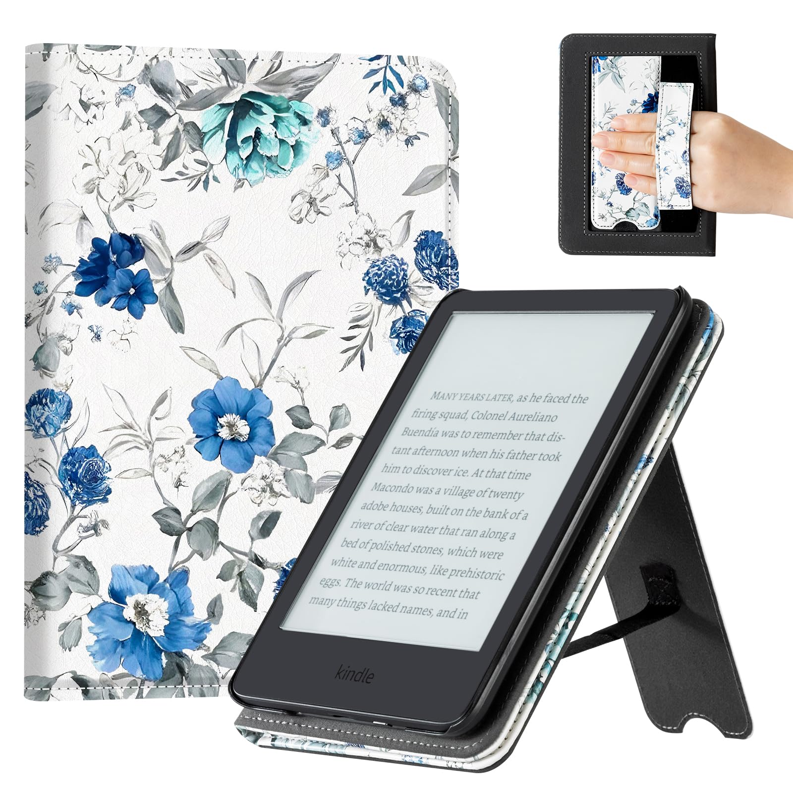Eden Blue Flowers on White 6 inch kindle paperwhite stand Case