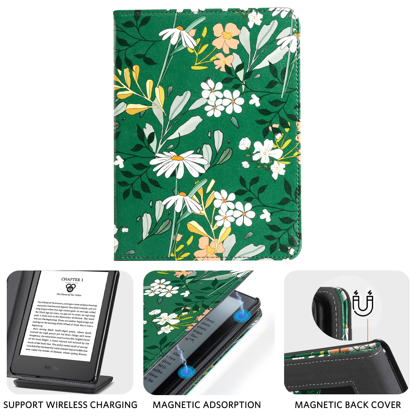 Eden Dark Green with White and Red Flowers 6 inch kindle paperwhite stand Case