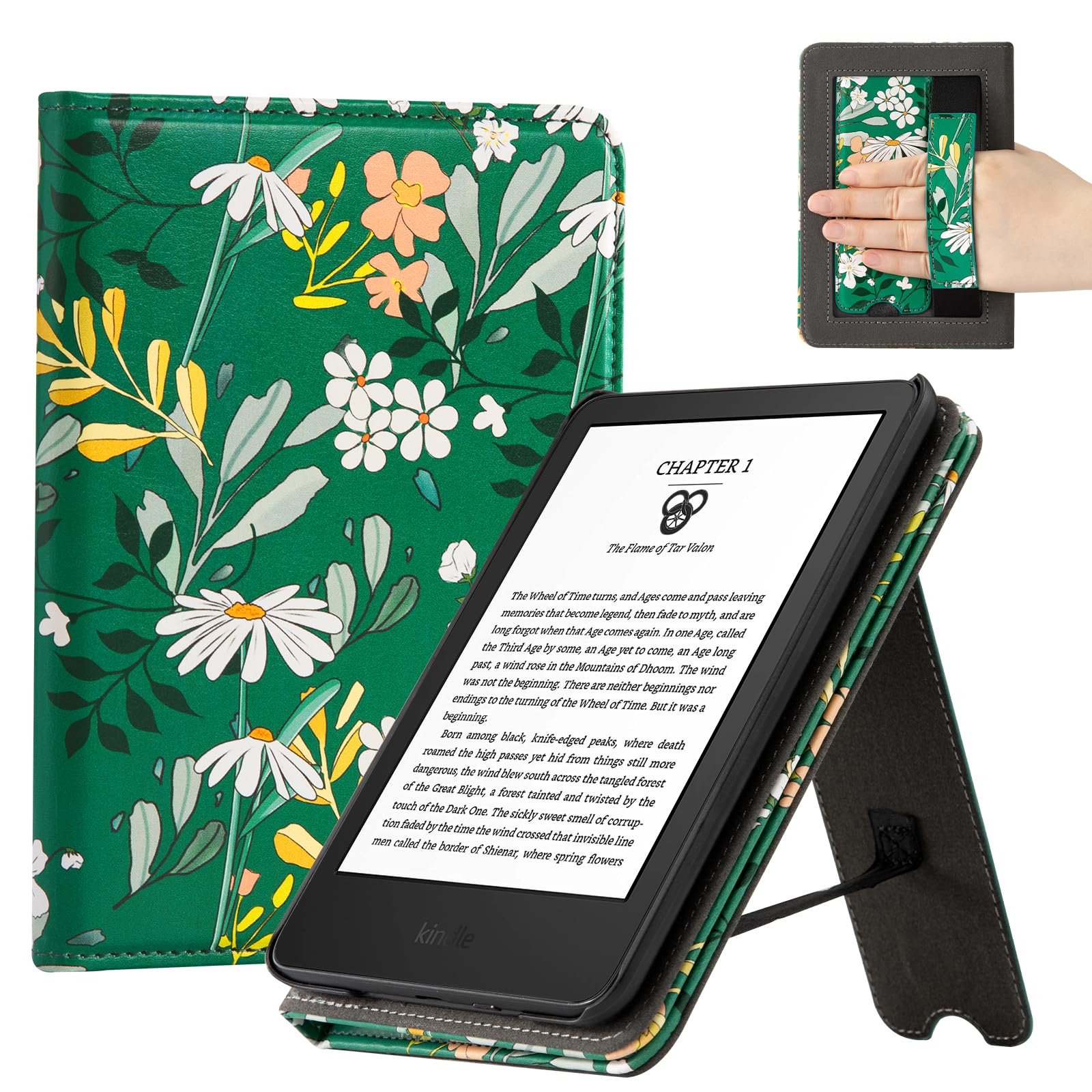 Eden Dark Green with White and Red Flowers 6 inch kindle paperwhite stand Case