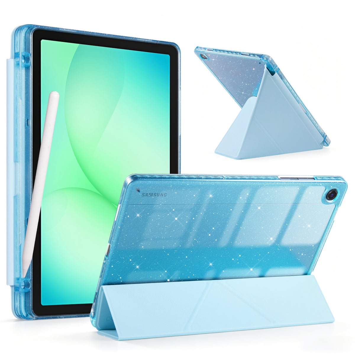 Galaxy Tab A11+ / A9+ 11" Multi-Angle Y-Fold Case#Color_Blue Glitter