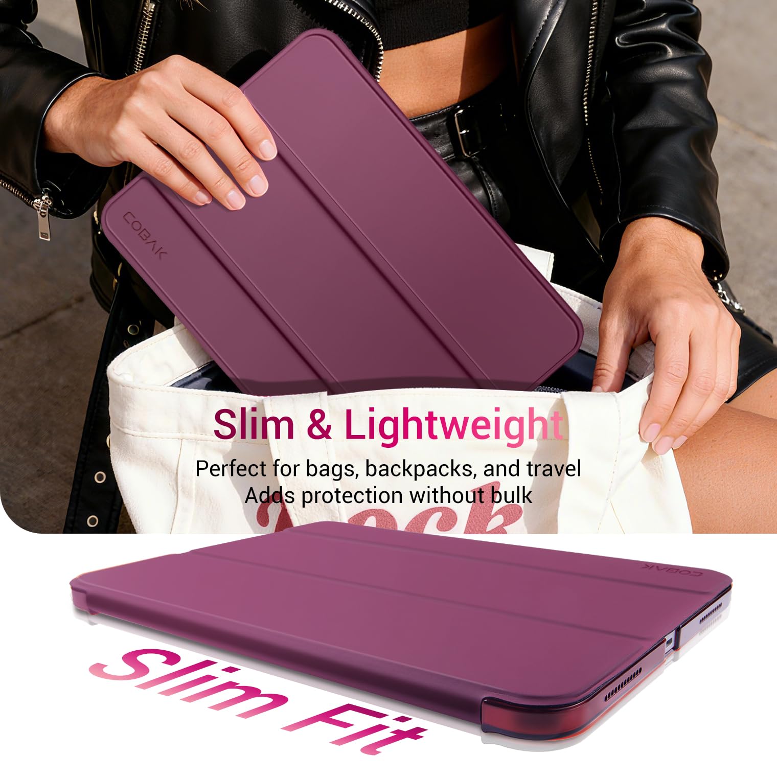 iPad 11th Gen (10th Compatible) Slim Stand Cover with Clear Hard Back, Touch ID#Color_Burgundy