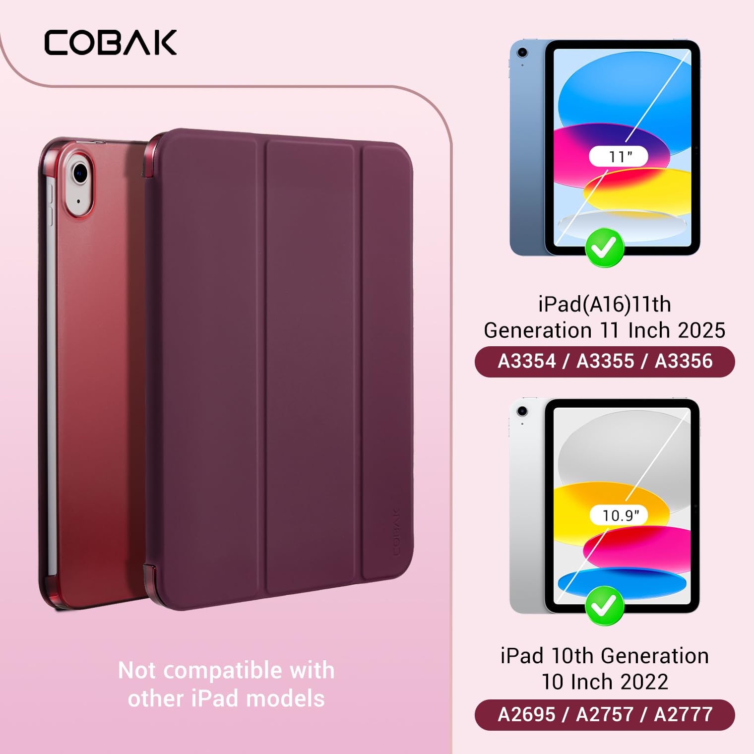 iPad 11th Gen (10th Compatible) Slim Stand Cover with Clear Hard Back, Touch ID#Color_Burgundy