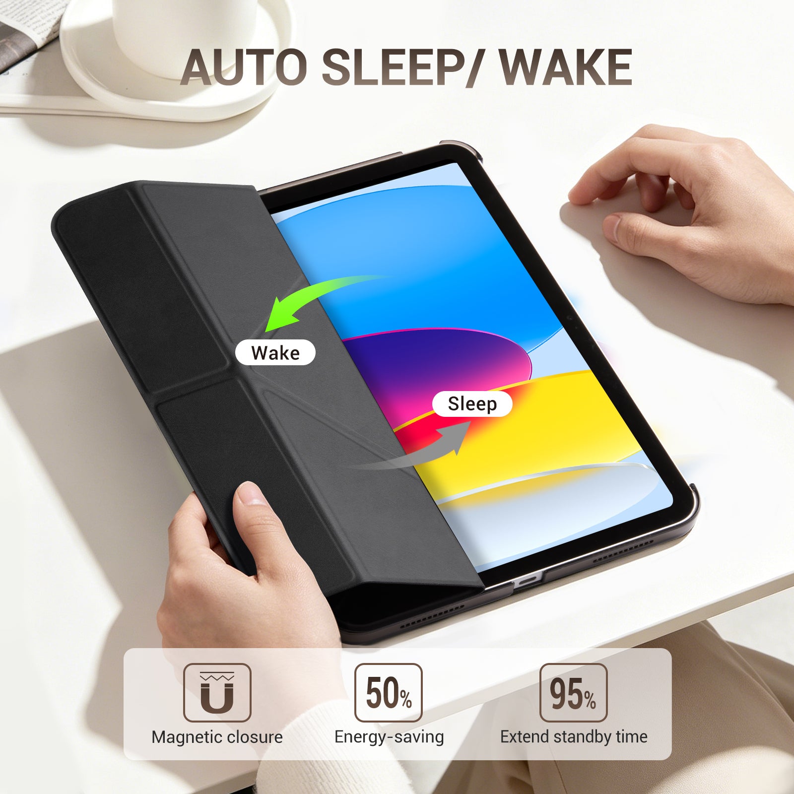 iPad (A16) 11th Gen & 10th Gen Slim Y-Fold Magnetic Stand Case#Color_Black