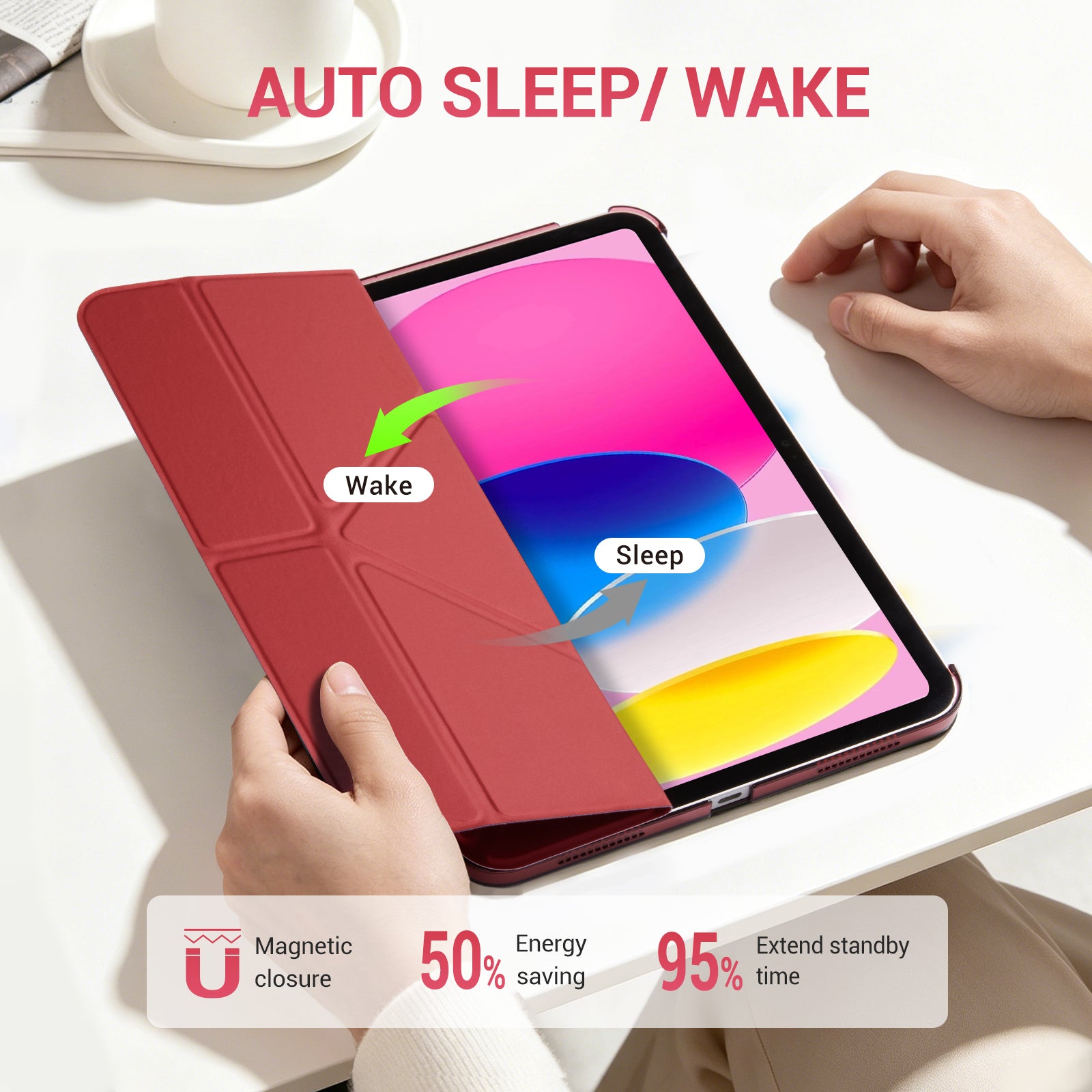iPad (A16) 11th Gen & 10th Gen Slim Y-Fold Magnetic Stand Case#Color_Red