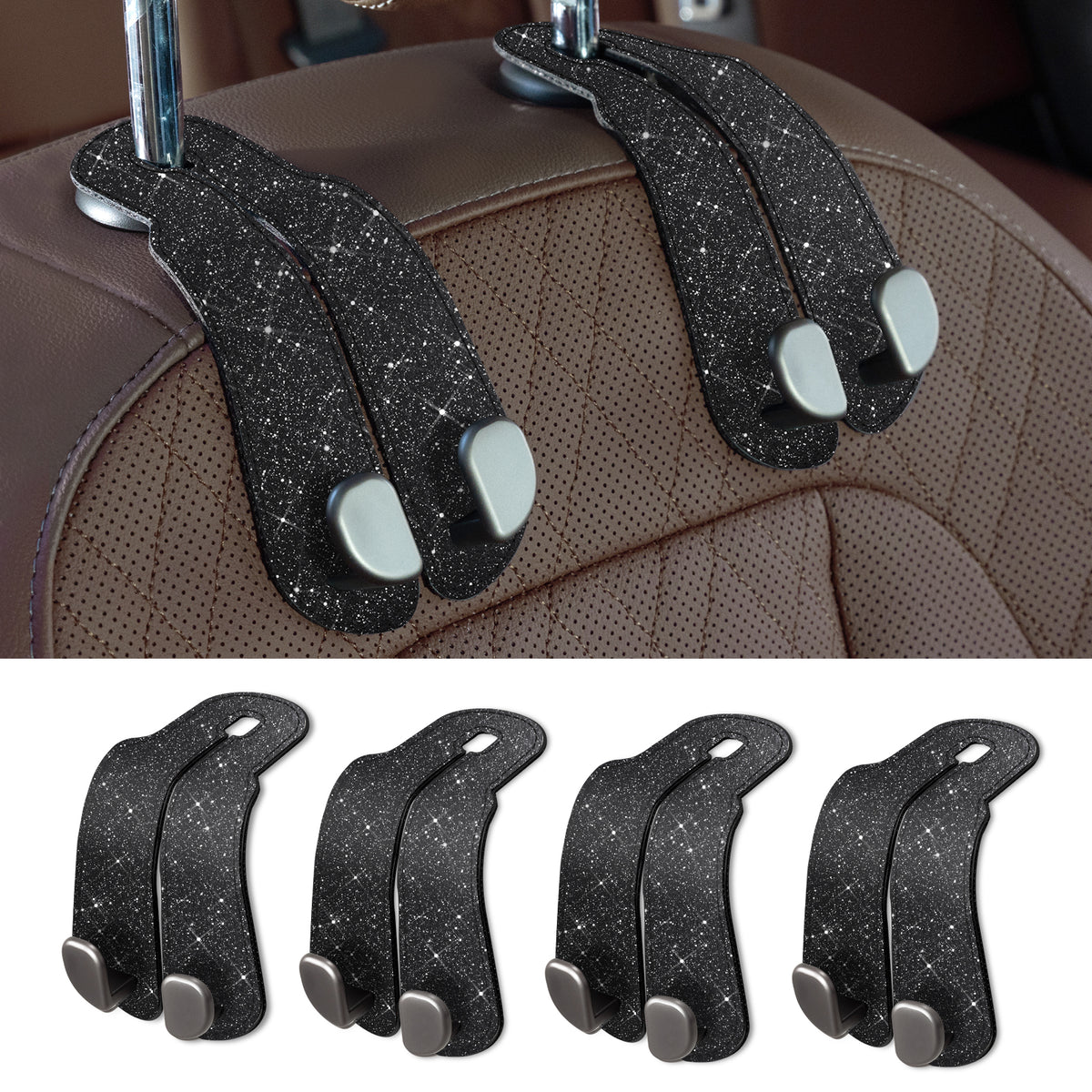 Car Seat Back Hook for Bags Leather Metal 4 Pack Organizer#Color_Glitter Black