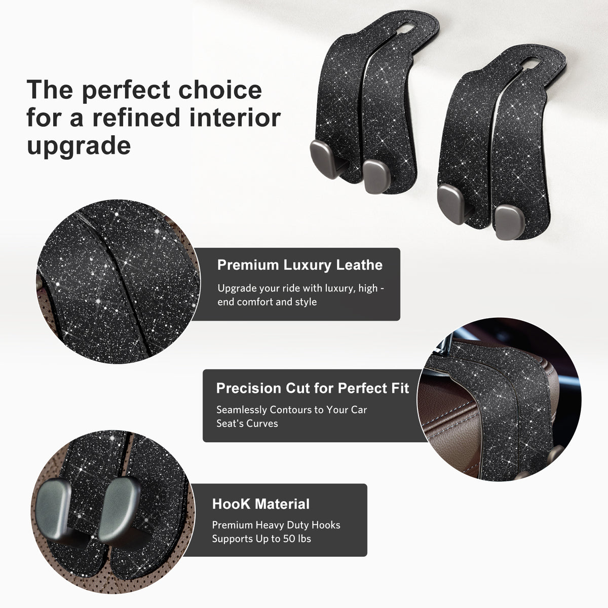 Car Seat Back Hook for Bags Leather Metal 4 Pack Organizer#Color_Glitter Black