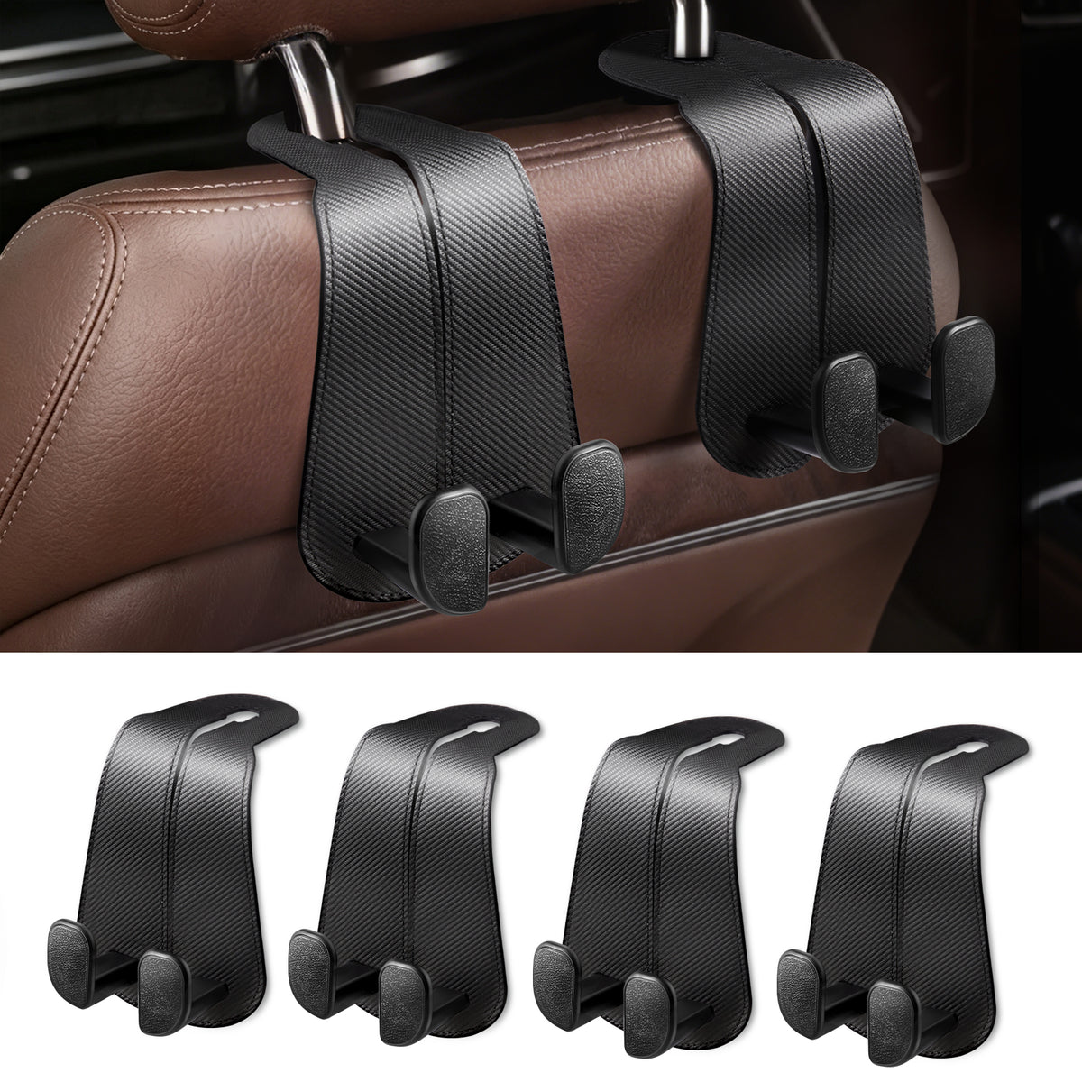 Car Seat Back Hook for Bags Leather Metal 4 Pack Organizer#Color_Carbon Fiber Black