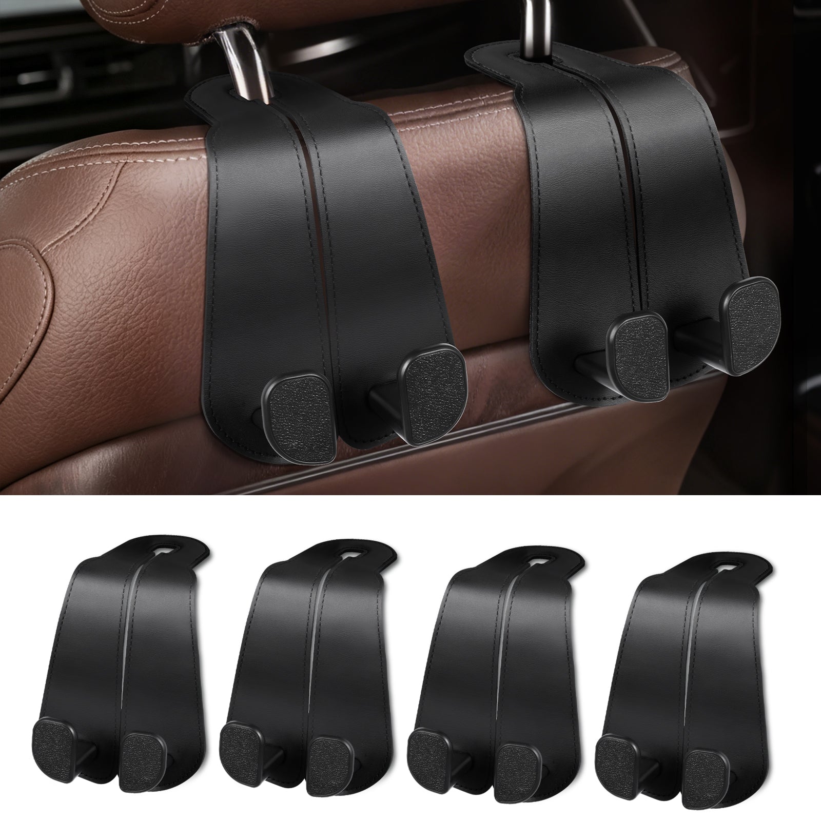 Car Seat Back Hook for Bags Leather Metal 4 Pack Organizer#Color_Wide Version-Black