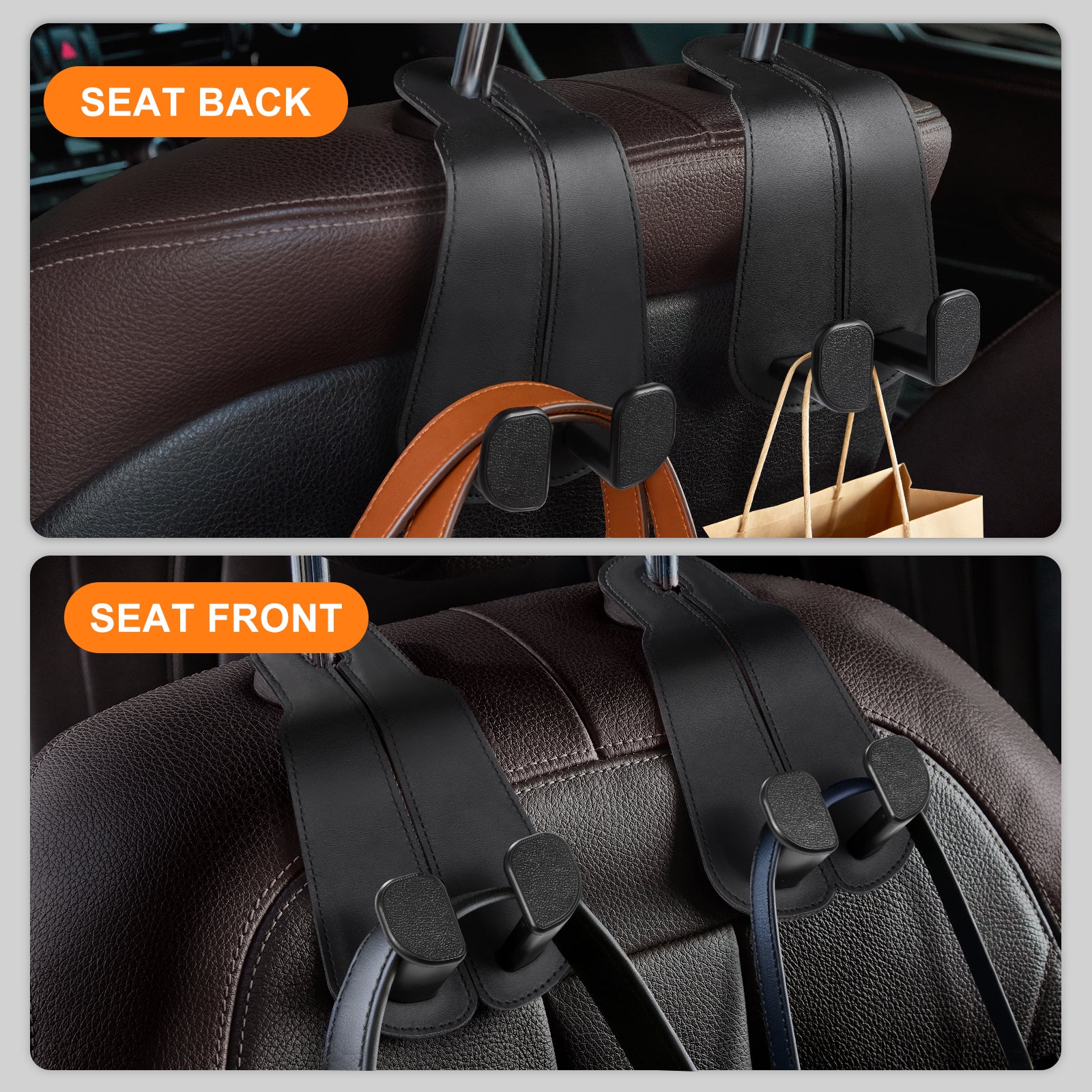 Car Seat Back Hook for Bags Leather Metal 4 Pack Organizer#Color_Wide Version-Black