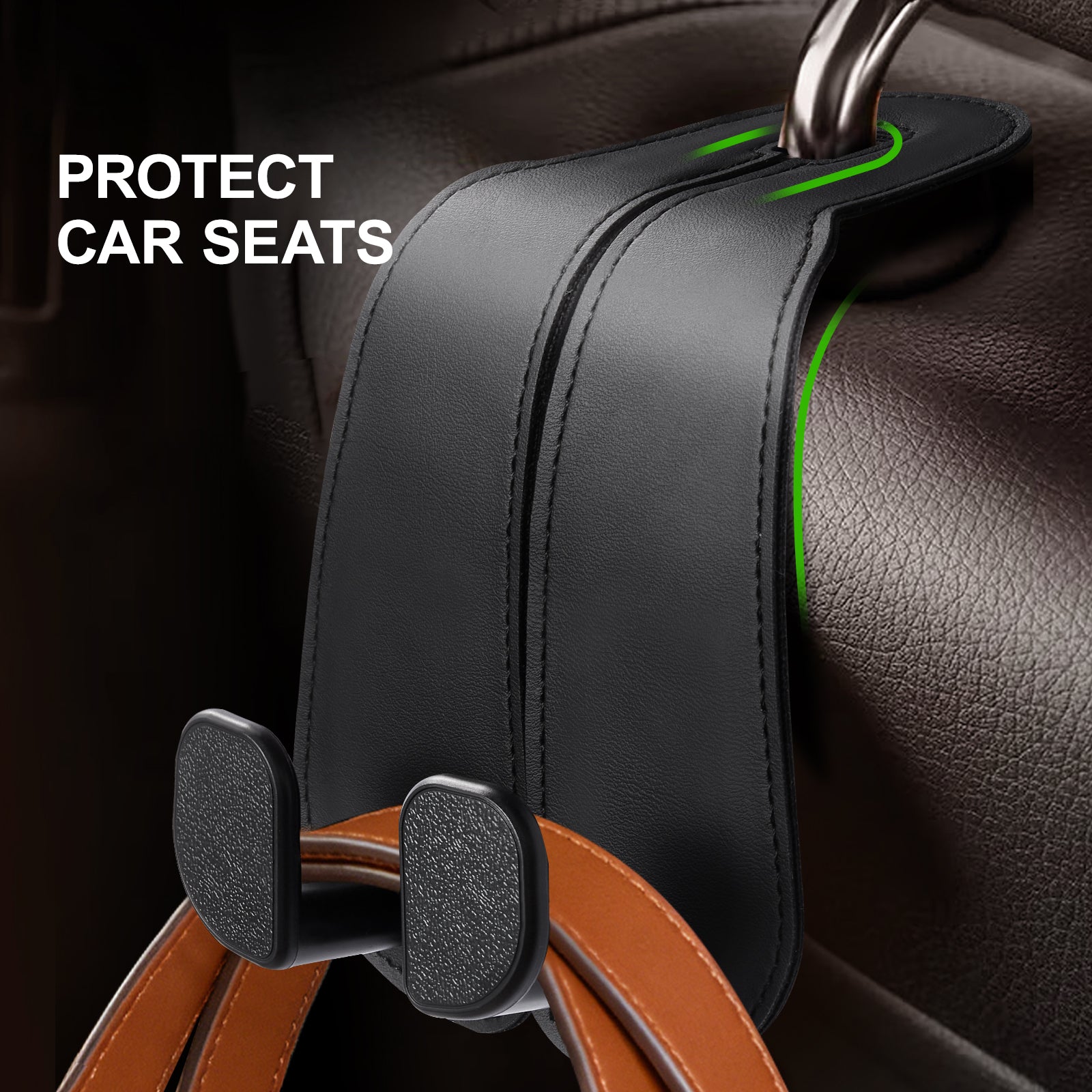 Car Seat Back Hook for Bags Leather Metal 4 Pack Organizer#Color_Wide Version-Black