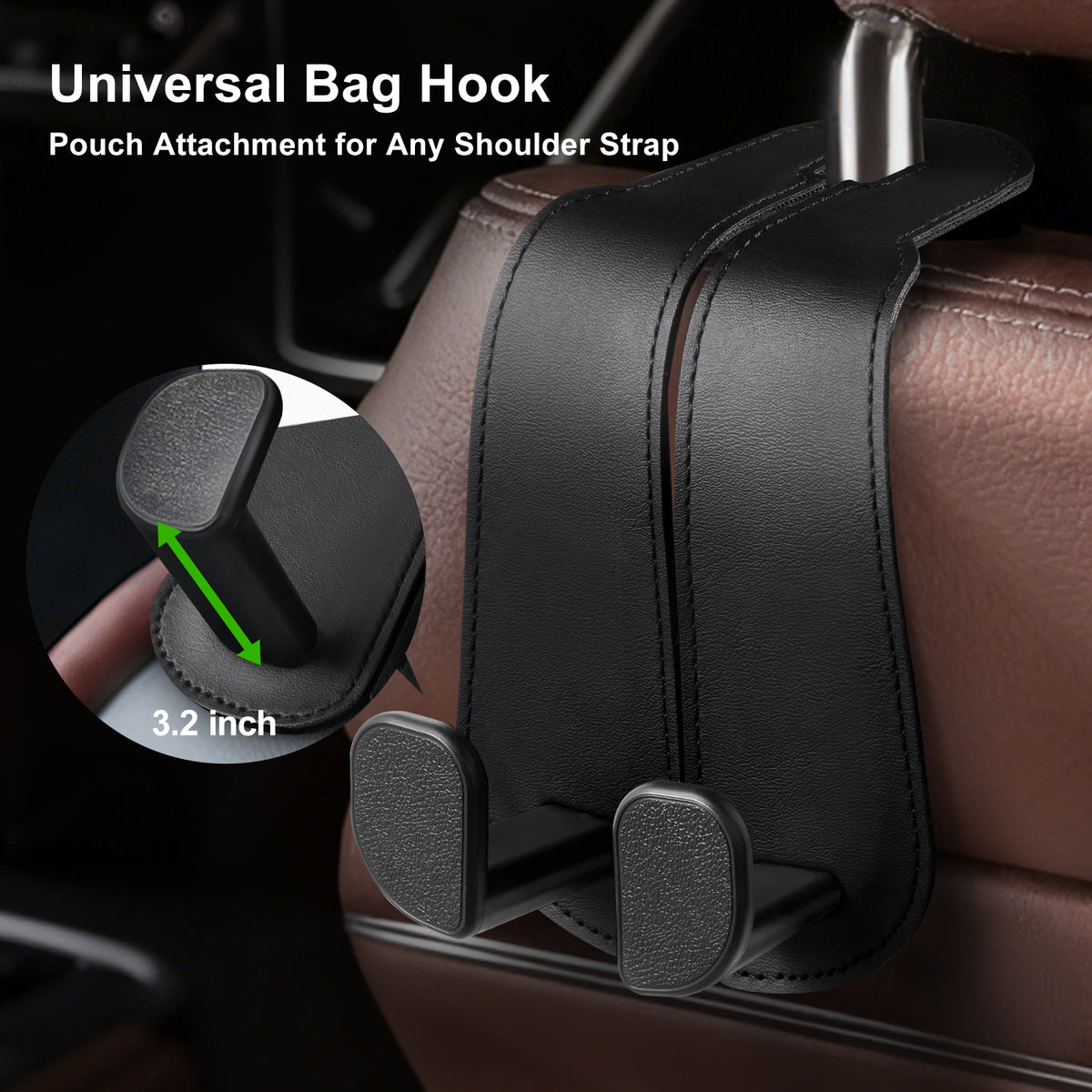 Car Seat Back Hook for Bags Leather Metal 4 Pack Organizer#Color_Wide Version-Black