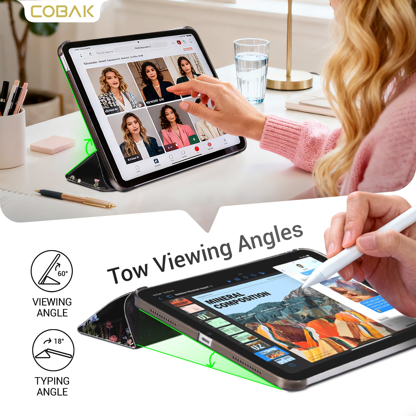 iPad 11th Gen (10th Compatible) Slim Stand Cover with Clear Hard Back, Touch ID#Color_Dark Botanica