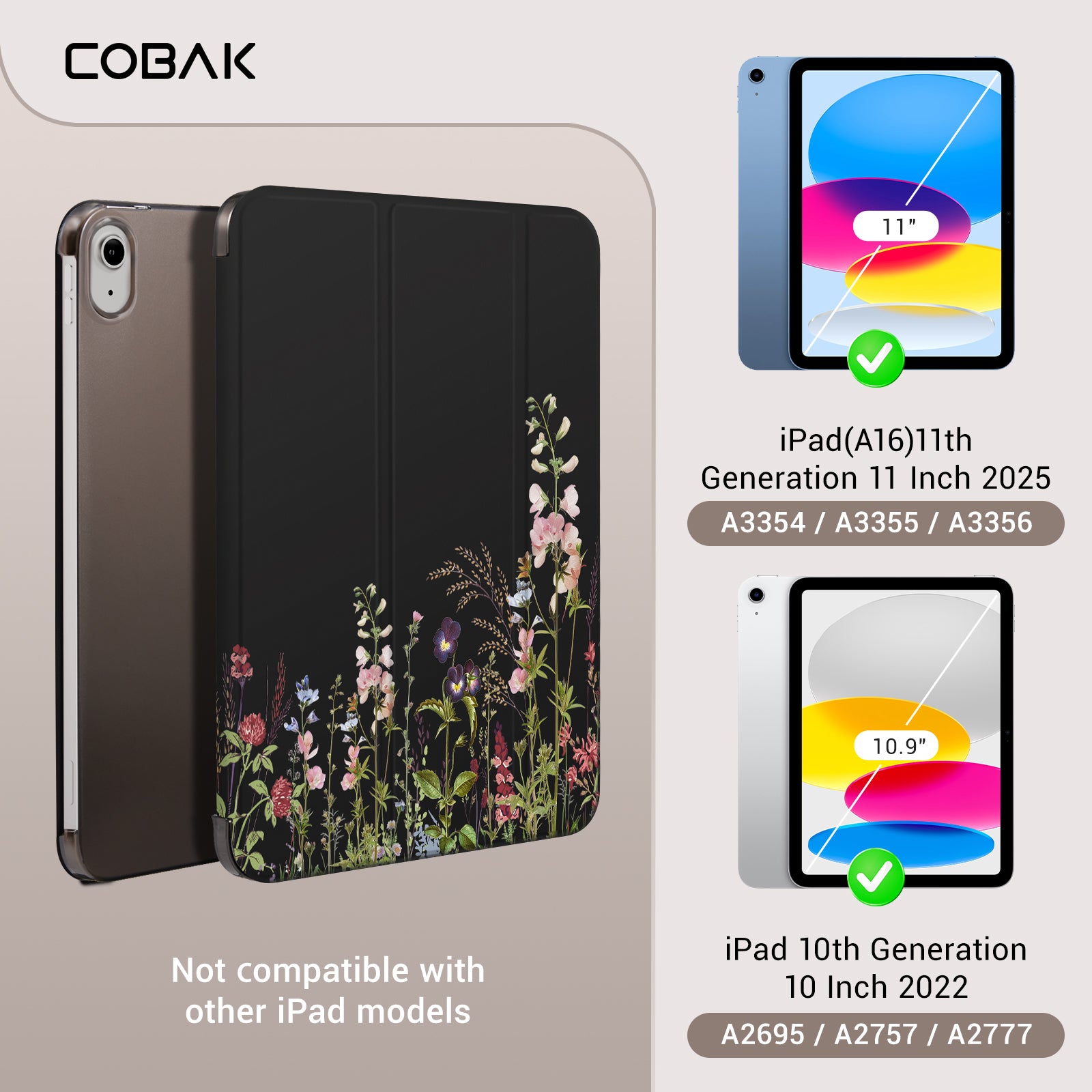 iPad 11th Gen (10th Compatible) Slim Stand Cover with Clear Hard Back, Touch ID#Color_Dark Botanica
