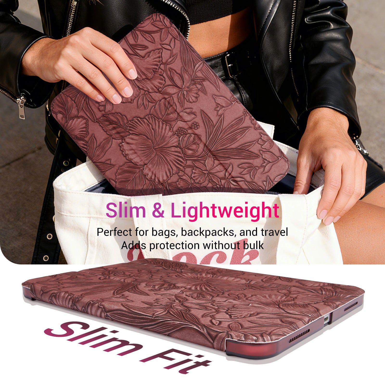 iPad 11th Gen (10th Compatible) Slim Stand Cover with Clear Hard Back, Touch ID#Color_Merlot Flora