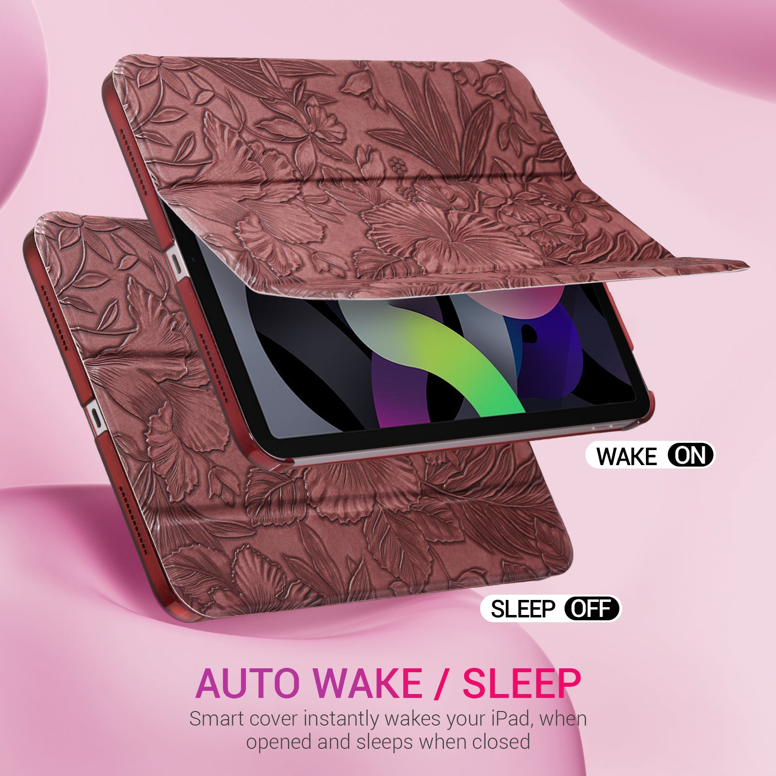 iPad 11th Gen (10th Compatible) Slim Stand Cover with Clear Hard Back, Touch ID#Color_Merlot Flora