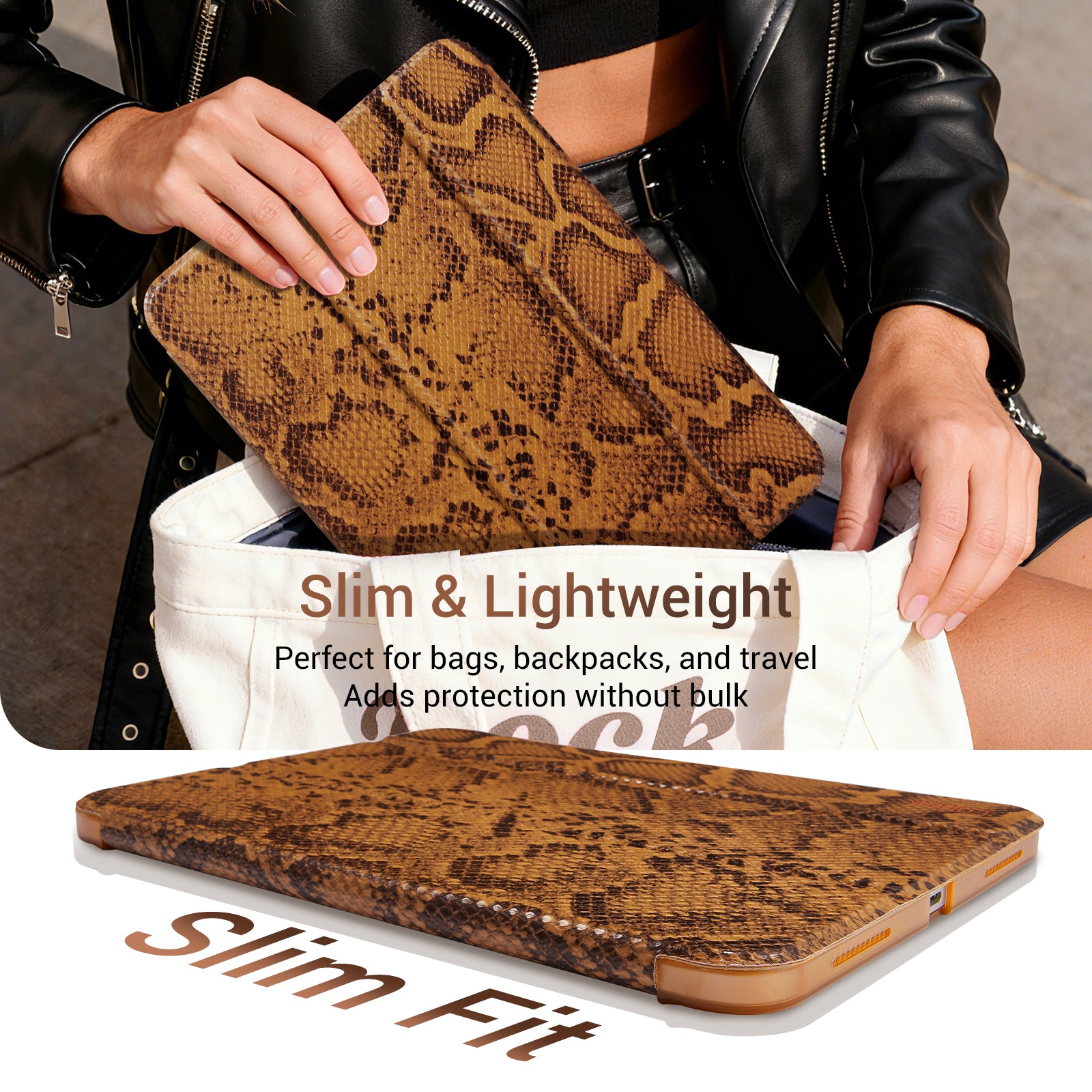 iPad 11th Gen (10th Compatible) Slim Stand Cover with Clear Hard Back, Touch ID#Color_Brown Python