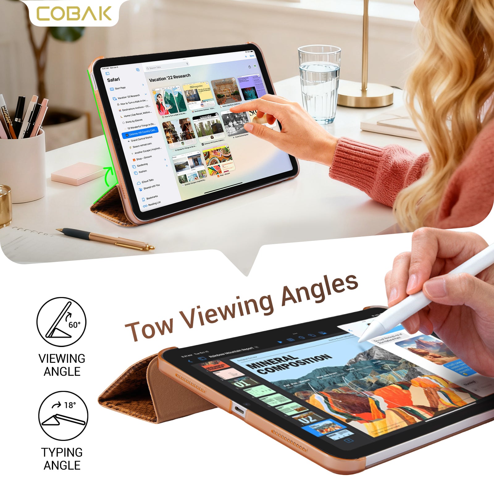 iPad 11th Gen (10th Compatible) Slim Stand Cover with Clear Hard Back, Touch ID#Color_Brown Python