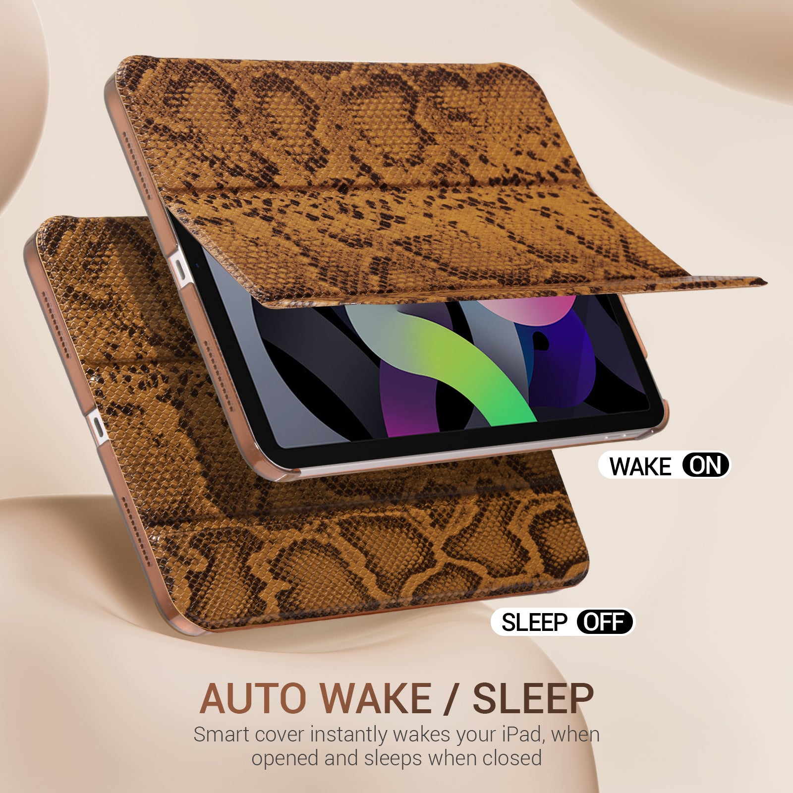 iPad 11th Gen (10th Compatible) Slim Stand Cover with Clear Hard Back, Touch ID#Color_Brown Python