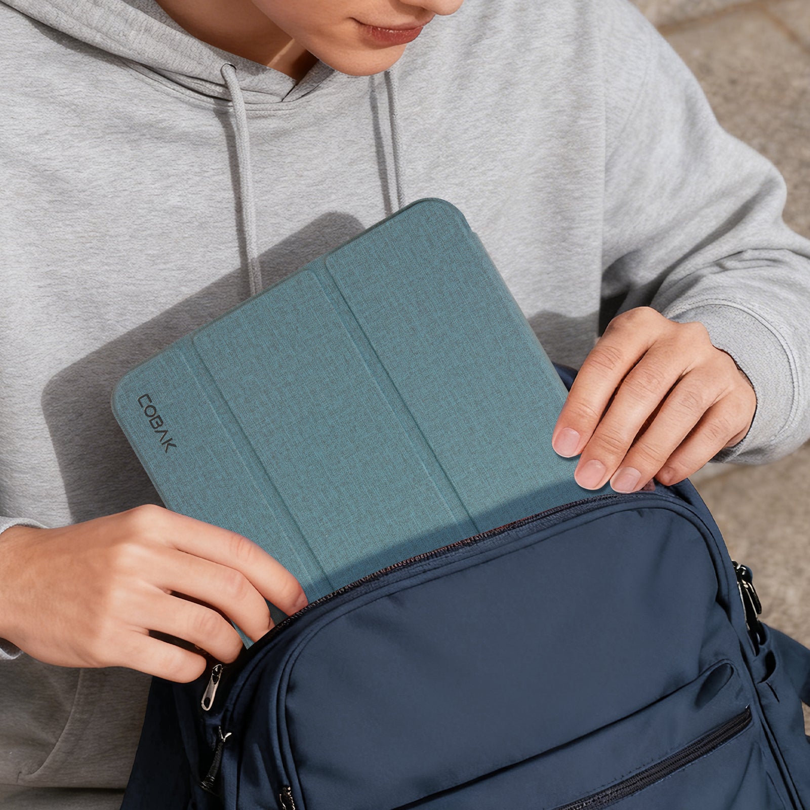 iPad 11th Gen (10th Compatible) Slim Stand Cover with Clear Hard Back, Touch ID#Color_Fabric Slate Blue
