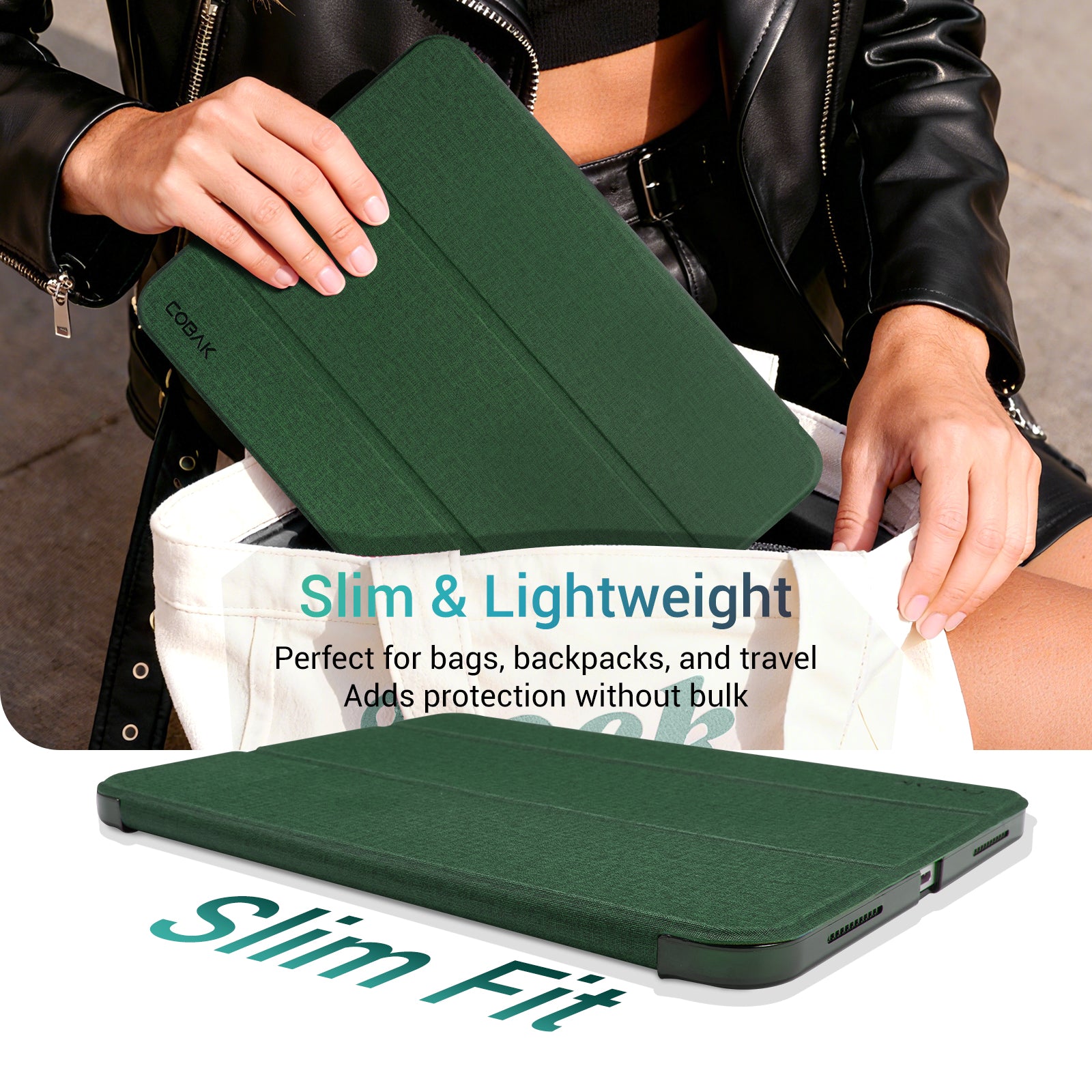 iPad 11th Gen (10th Compatible) Slim Stand Cover with Clear Hard Back, Touch ID#Color_Fabric Pine Green