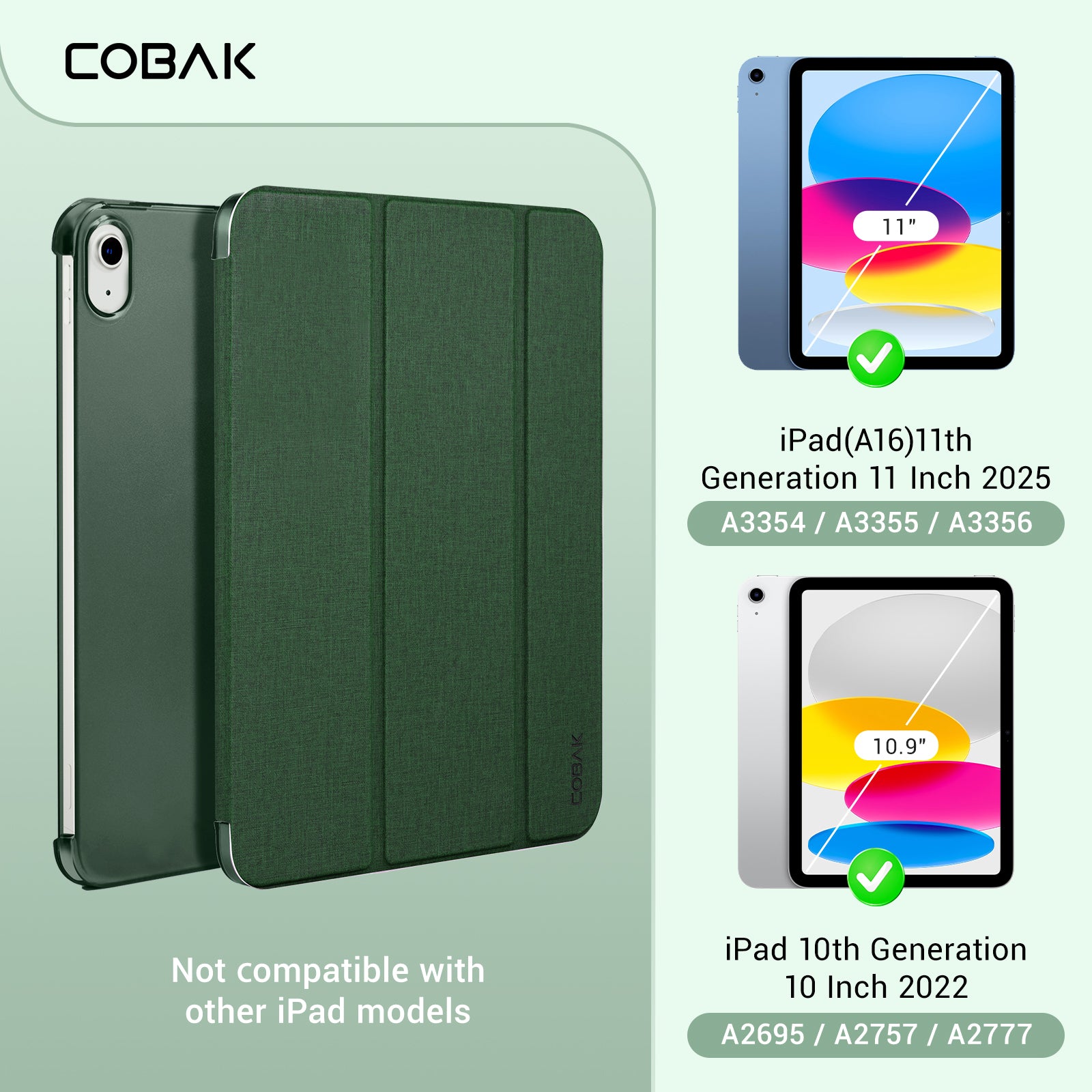 iPad 11th Gen (10th Compatible) Slim Stand Cover with Clear Hard Back, Touch ID#Color_Fabric Pine Green