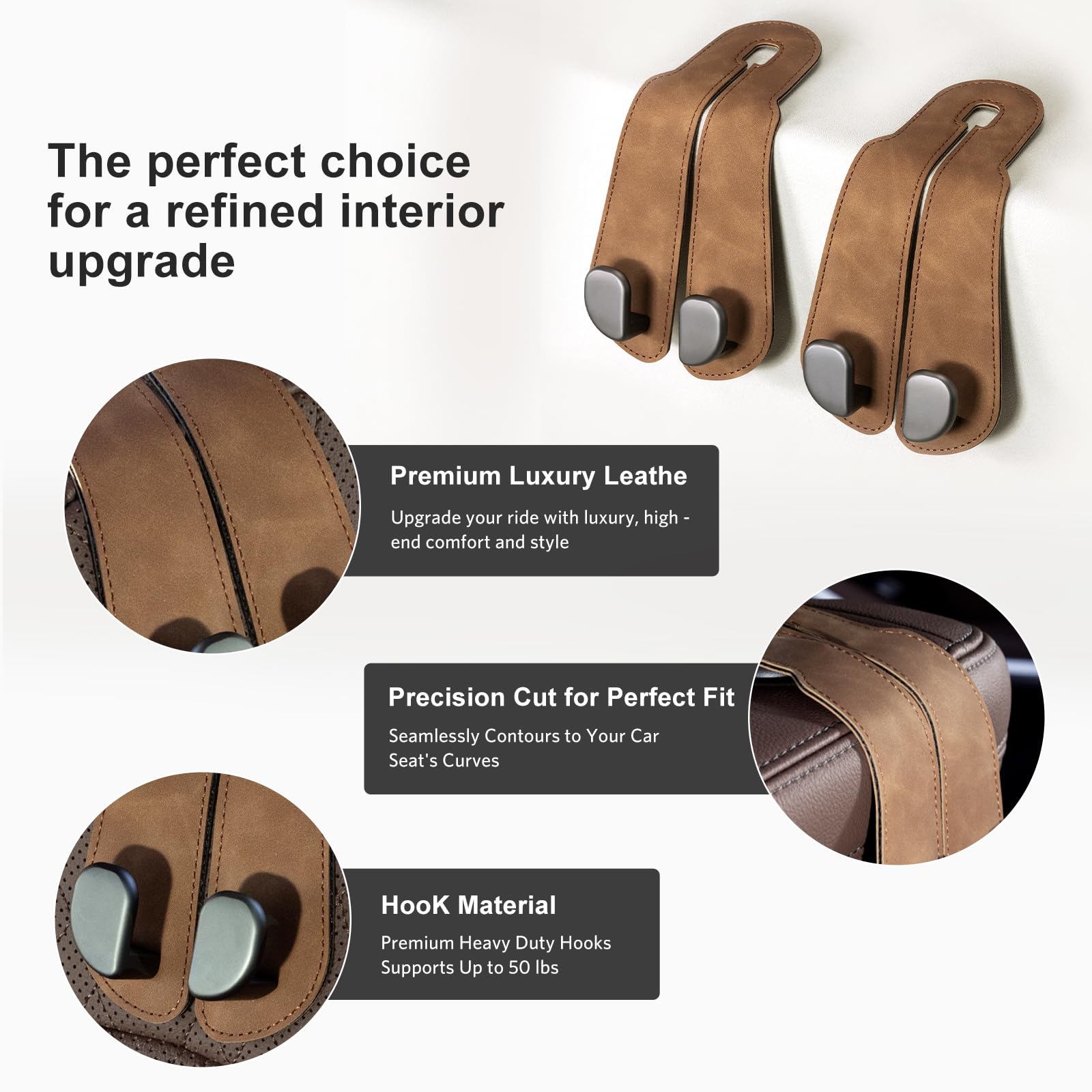 Car Seat Back Hook for Bags Leather Metal 4 Pack Organizer