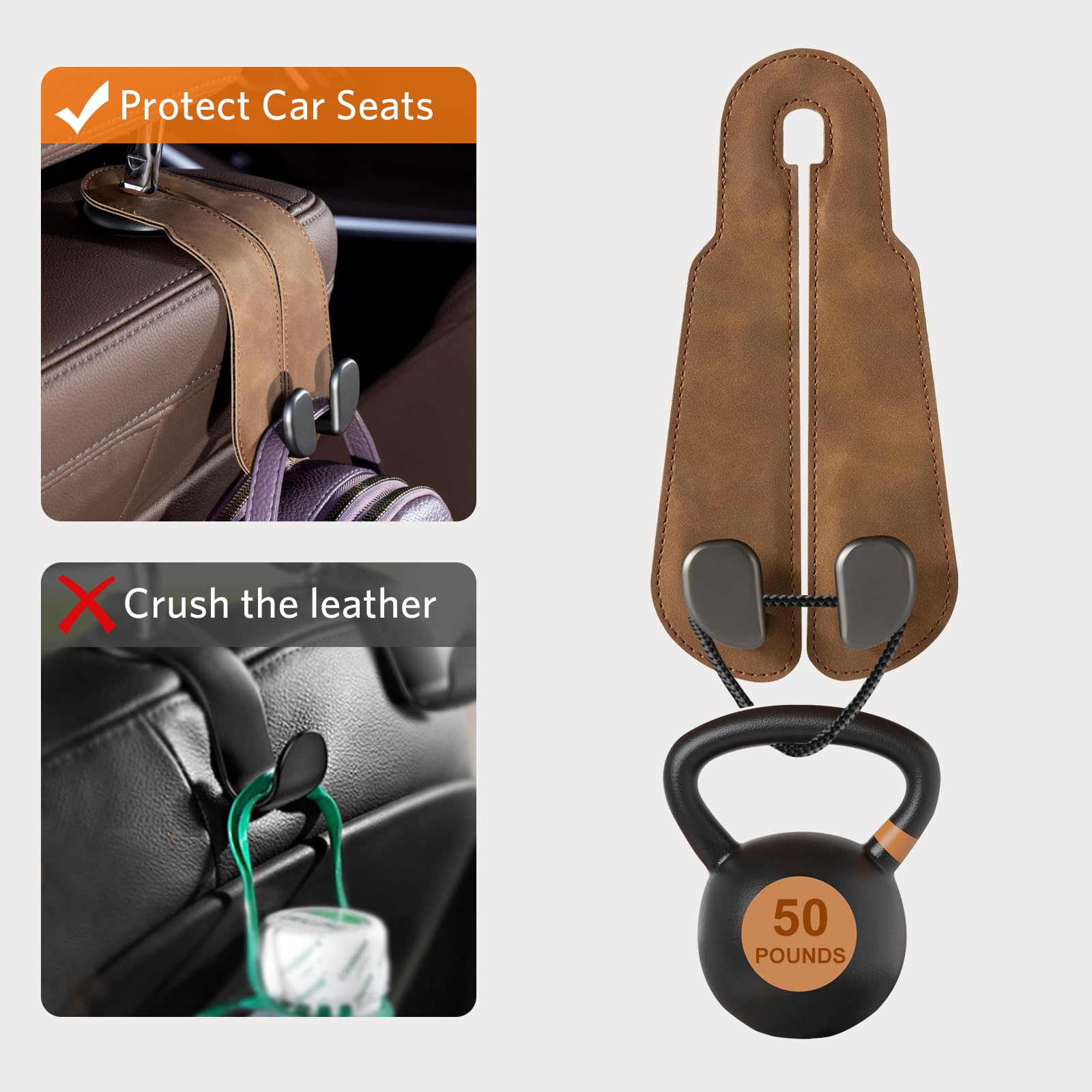 Car Seat Back Hook for Bags Leather Metal 4 Pack Organizer