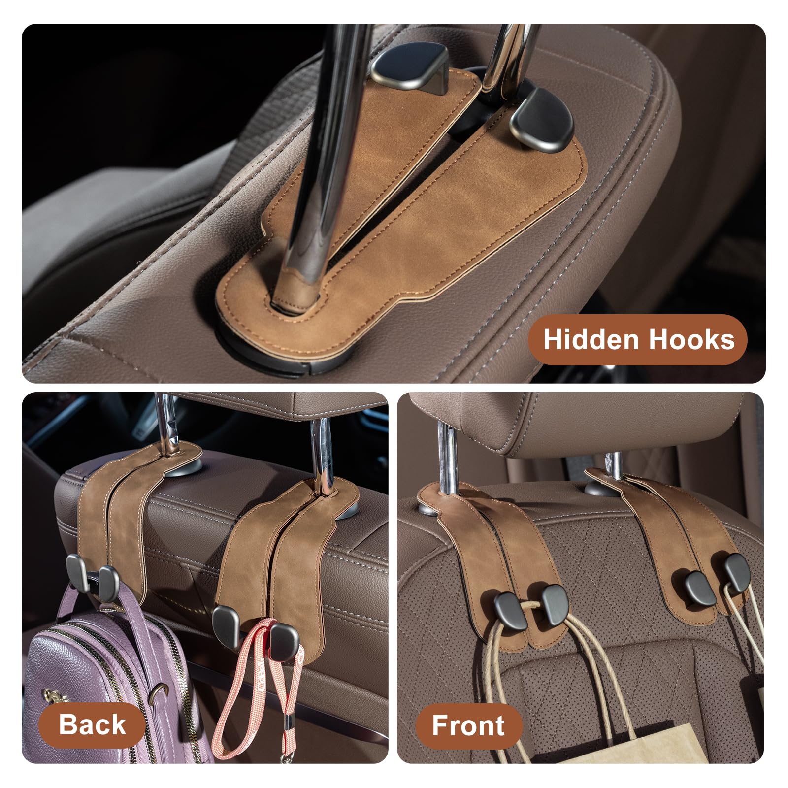 Car Seat Back Hook for Bags Leather Metal 4 Pack Organizer