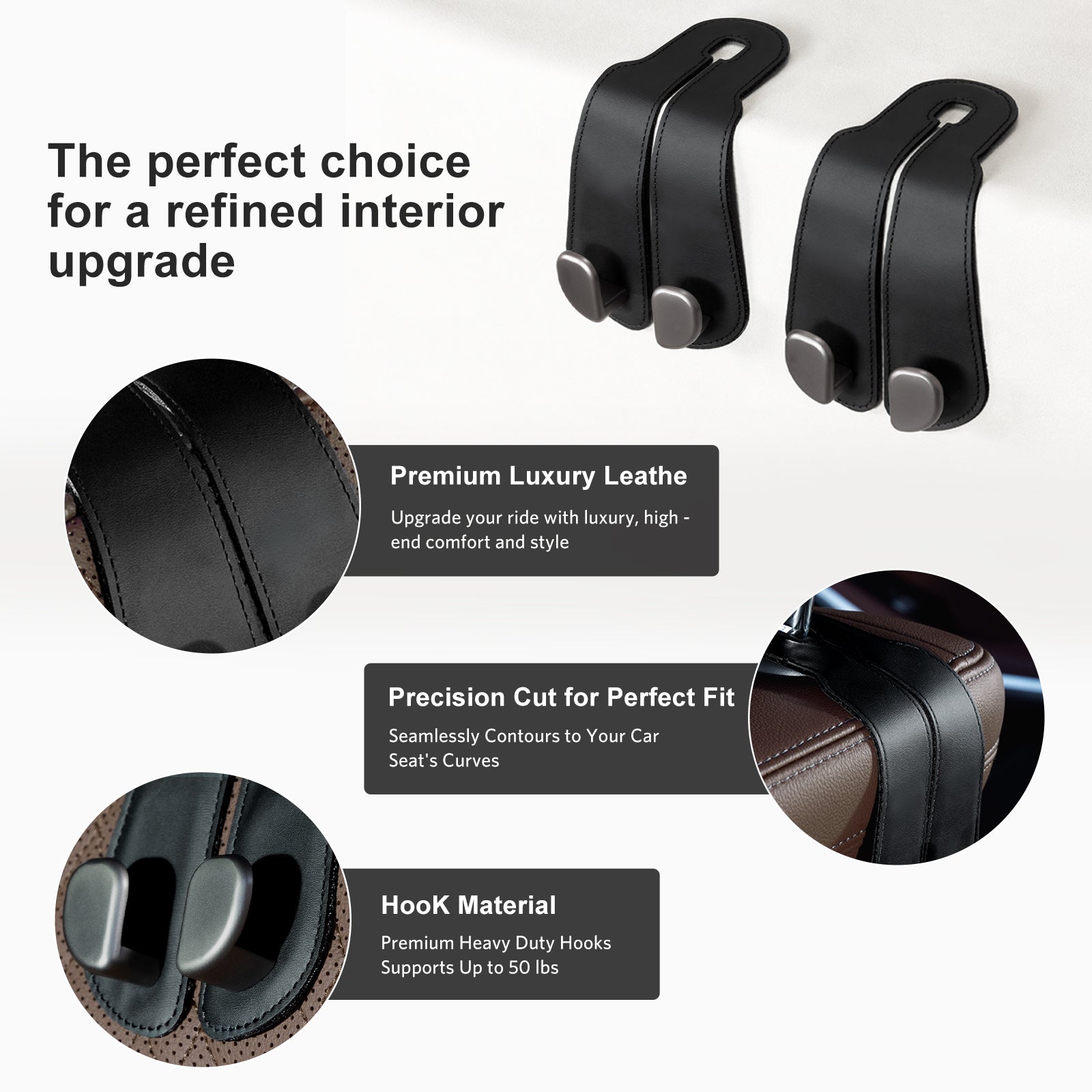 Car Seat Back Hook for Bags Leather Metal 4 Pack Organizer
