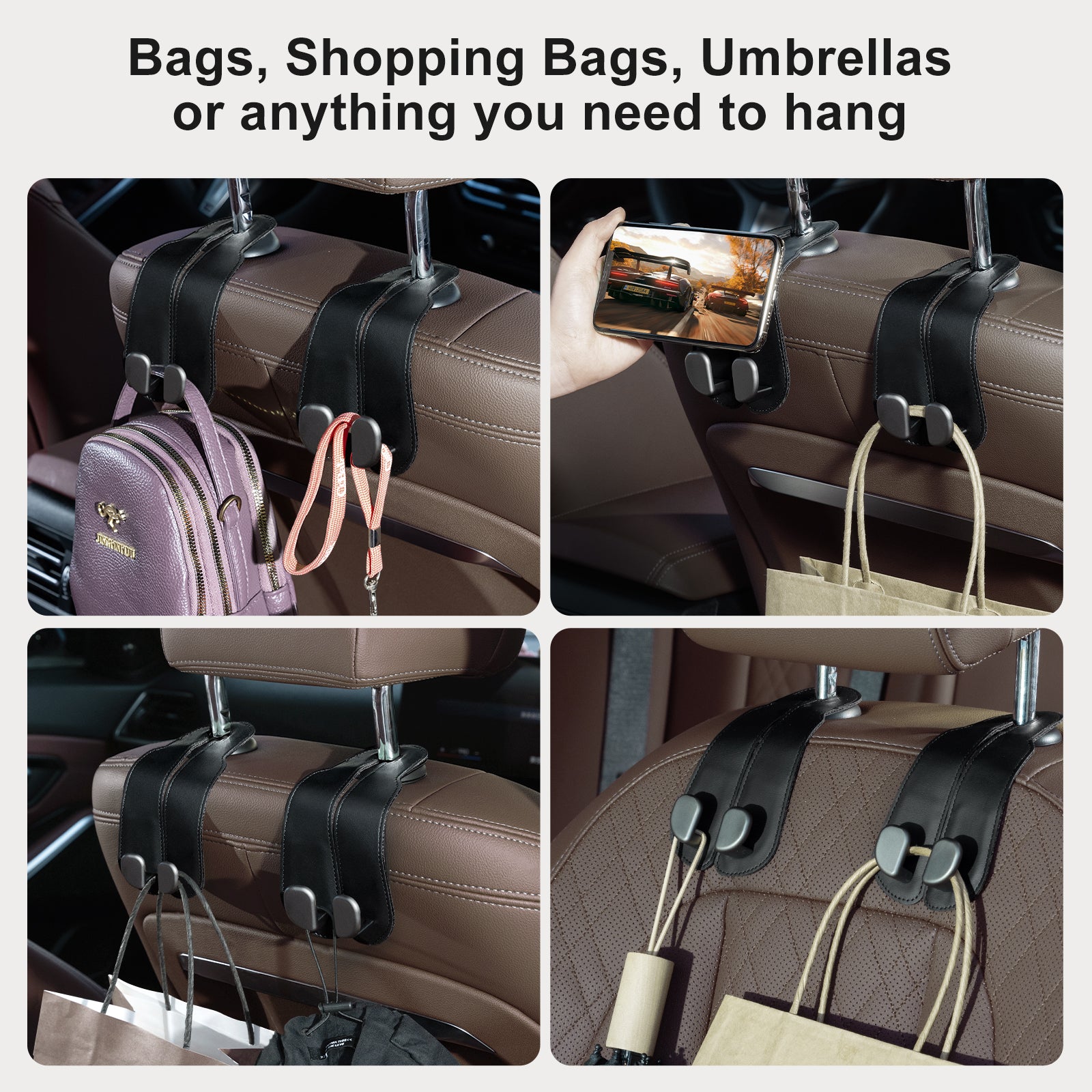 Car Seat Back Hook for Bags Leather Metal 4 Pack Organizer