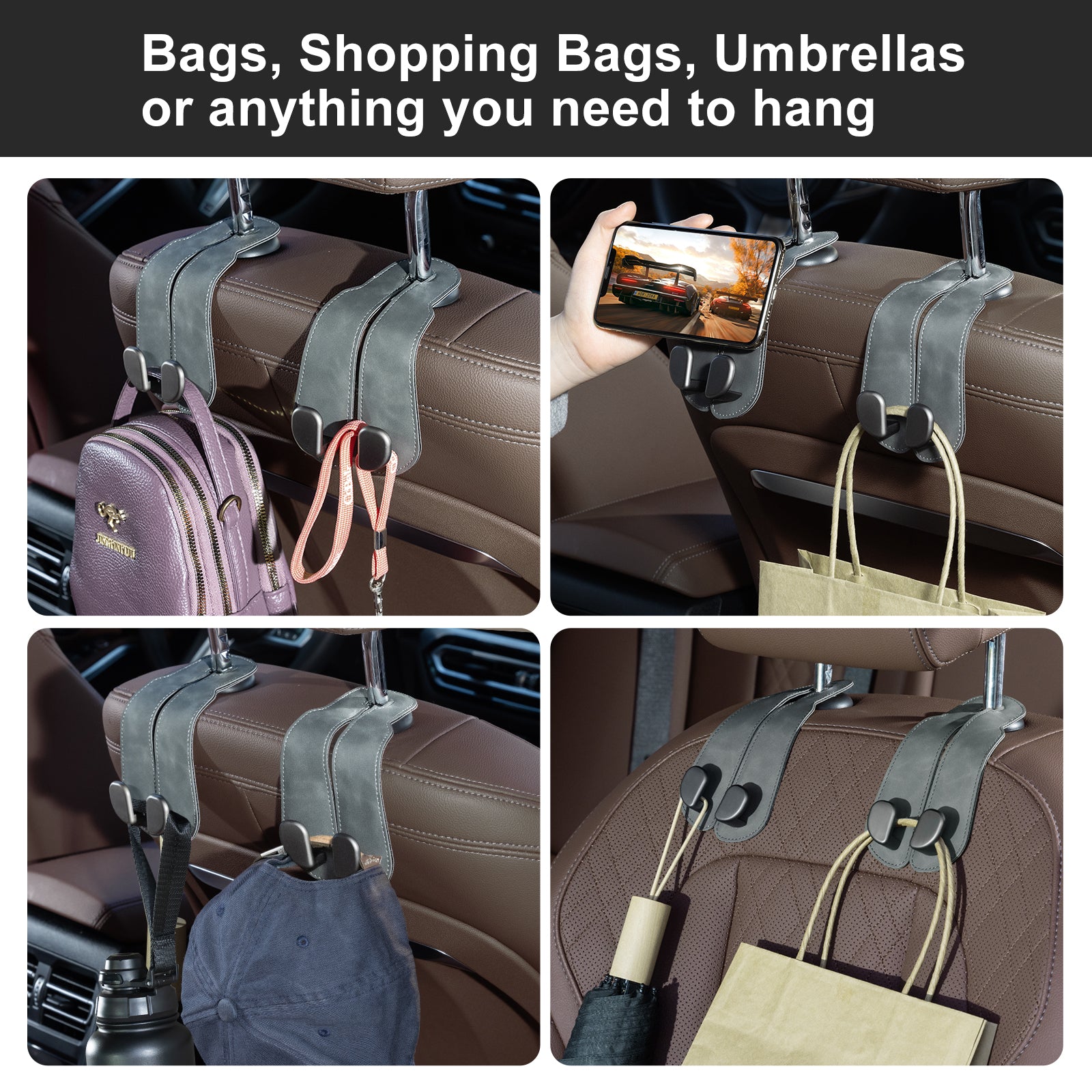 Car Seat Back Hook for Bags Leather Metal 4 Pack Organizer