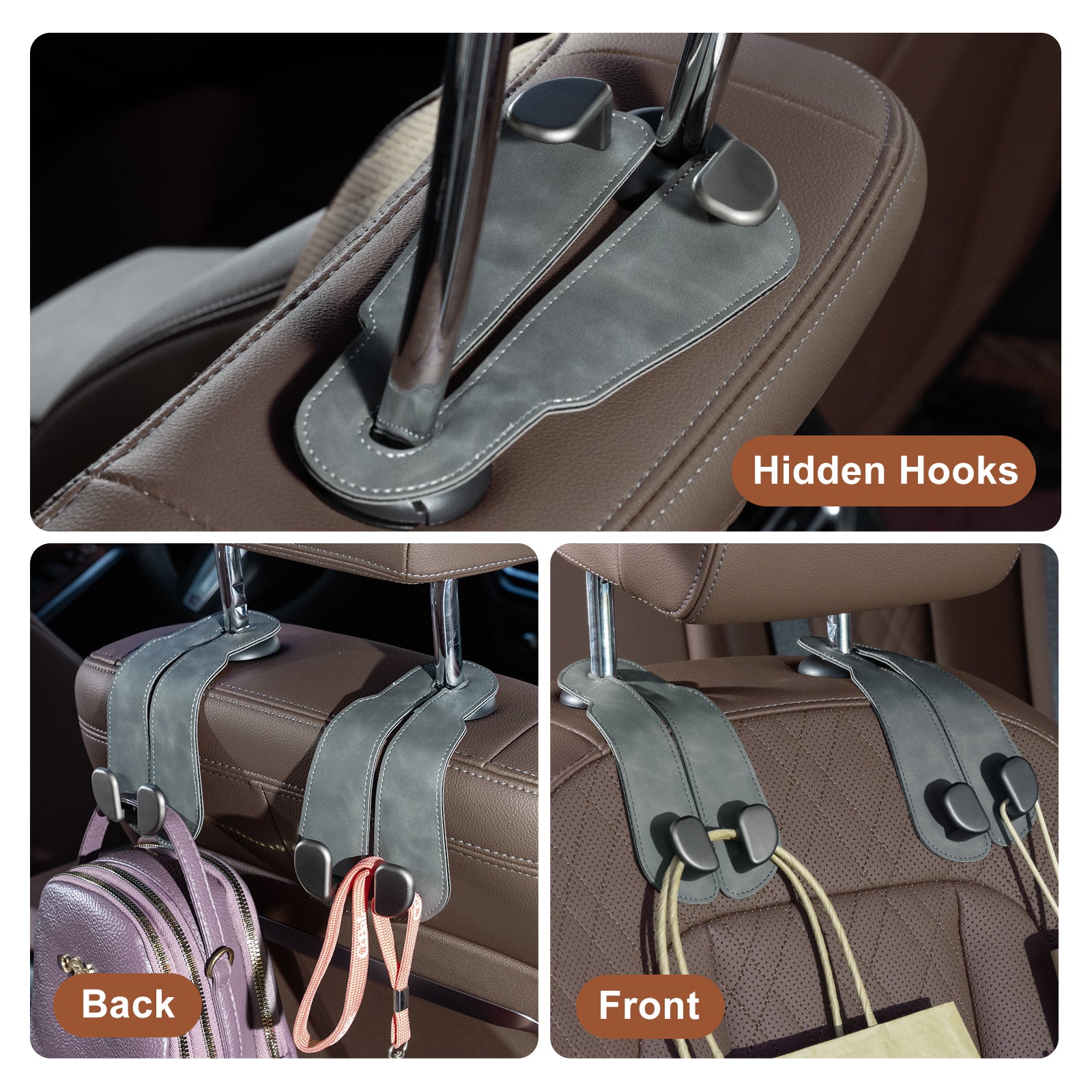 Car Seat Back Hook for Bags Leather Metal 4 Pack Organizer