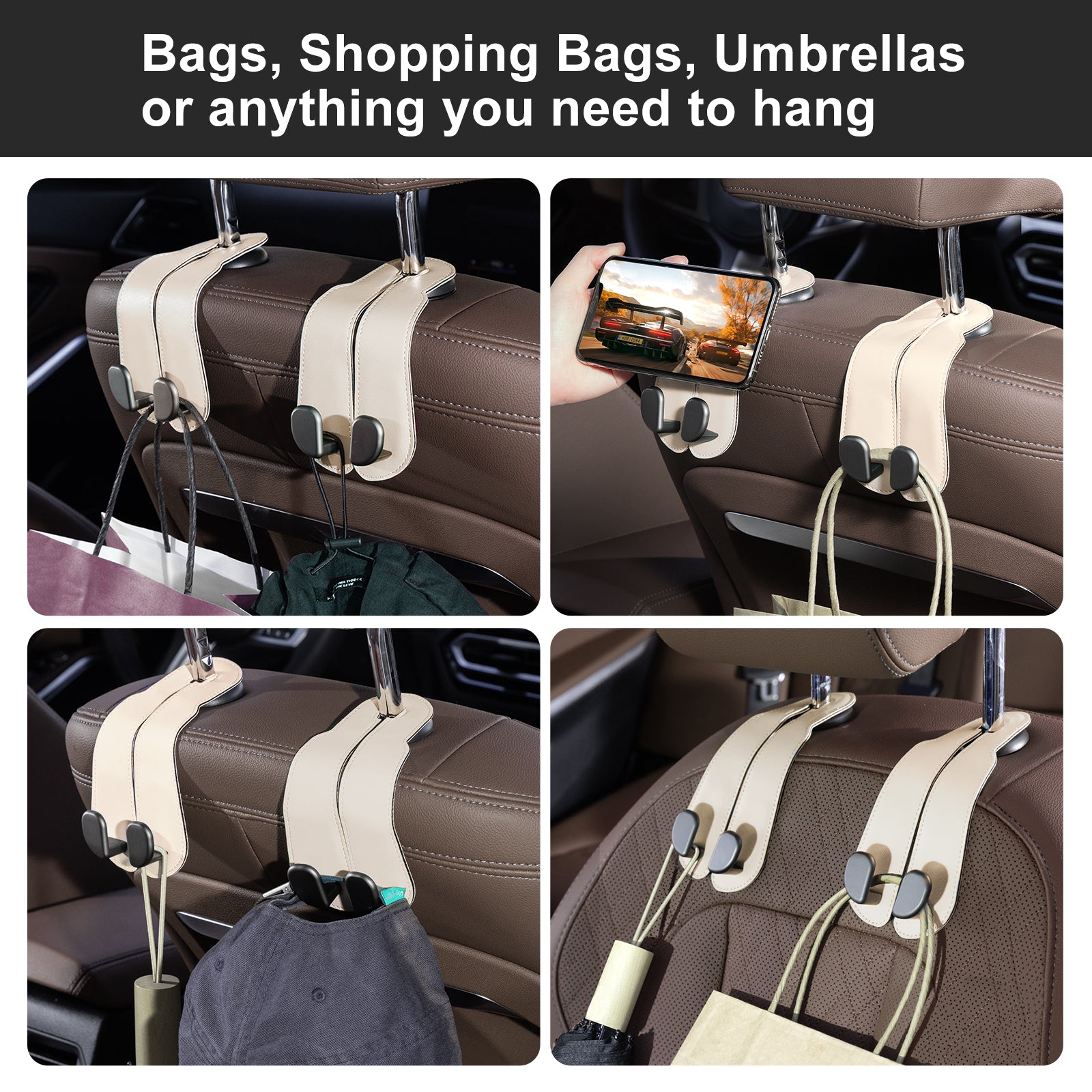 Car Seat Back Hook for Bags Leather Metal 4 Pack Organizer